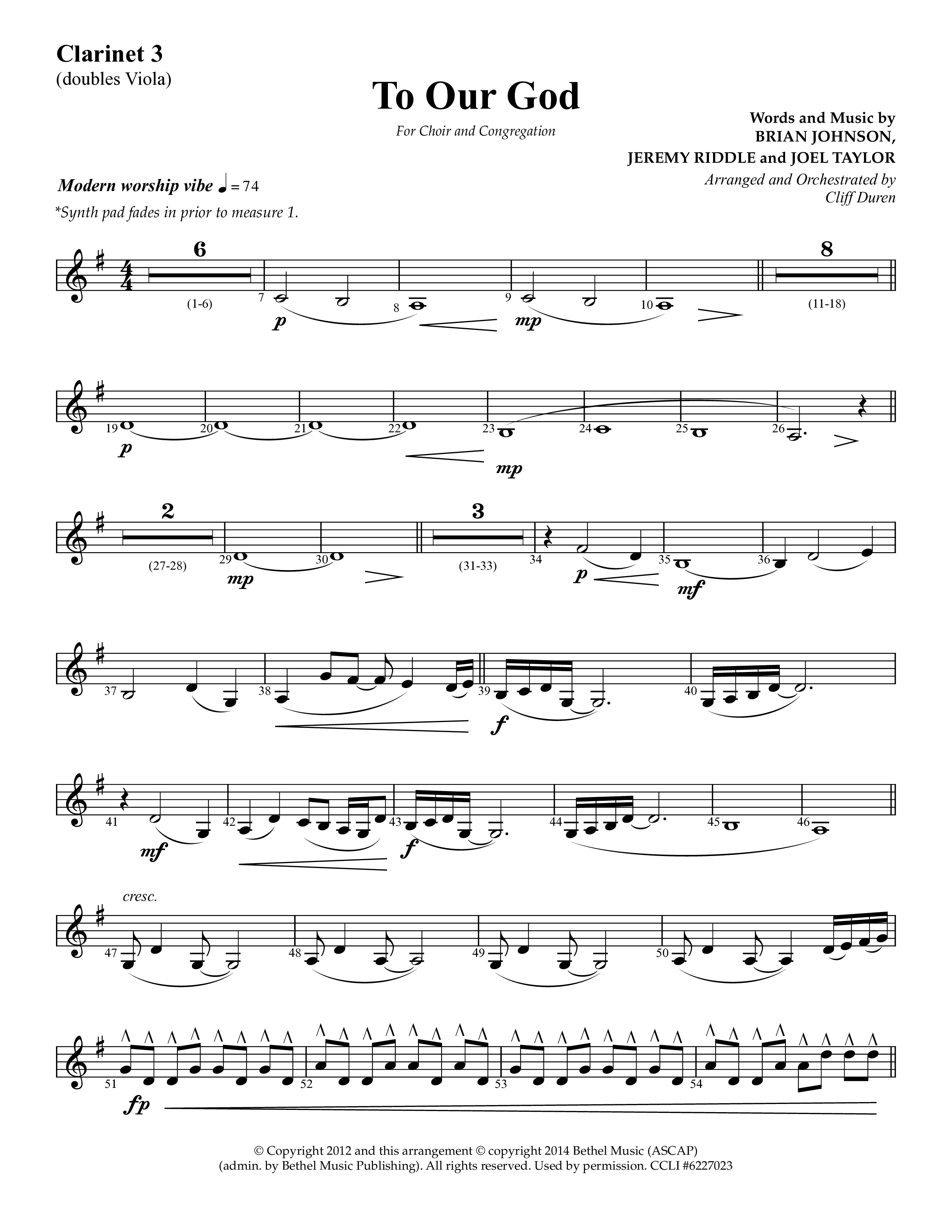 To Our God (Choral Anthem SATB) Clarinet 3 (Lifeway Choral / Arr. Cliff Duren)