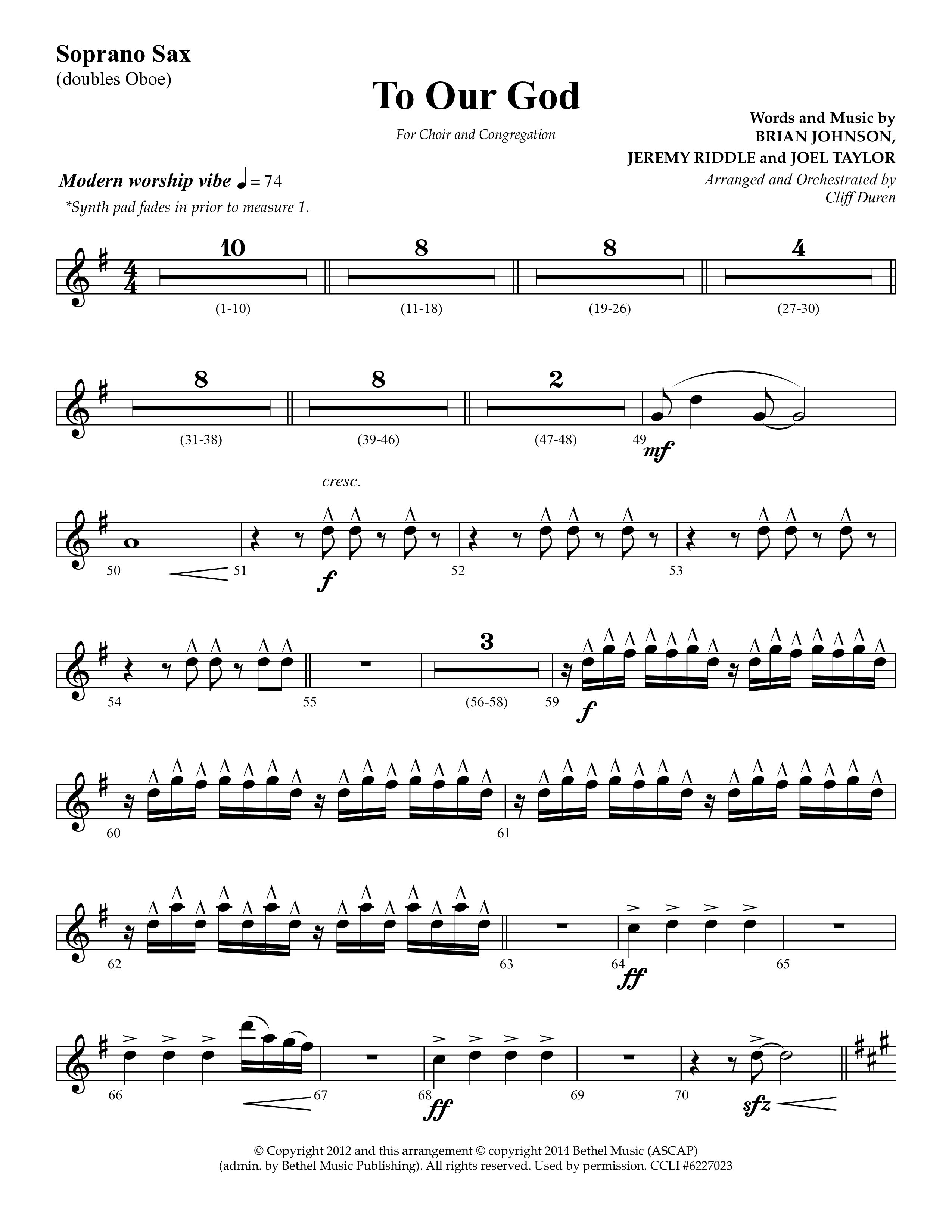 To Our God (Choral Anthem SATB) Soprano Sax (Lifeway Choral / Arr. Cliff Duren)
