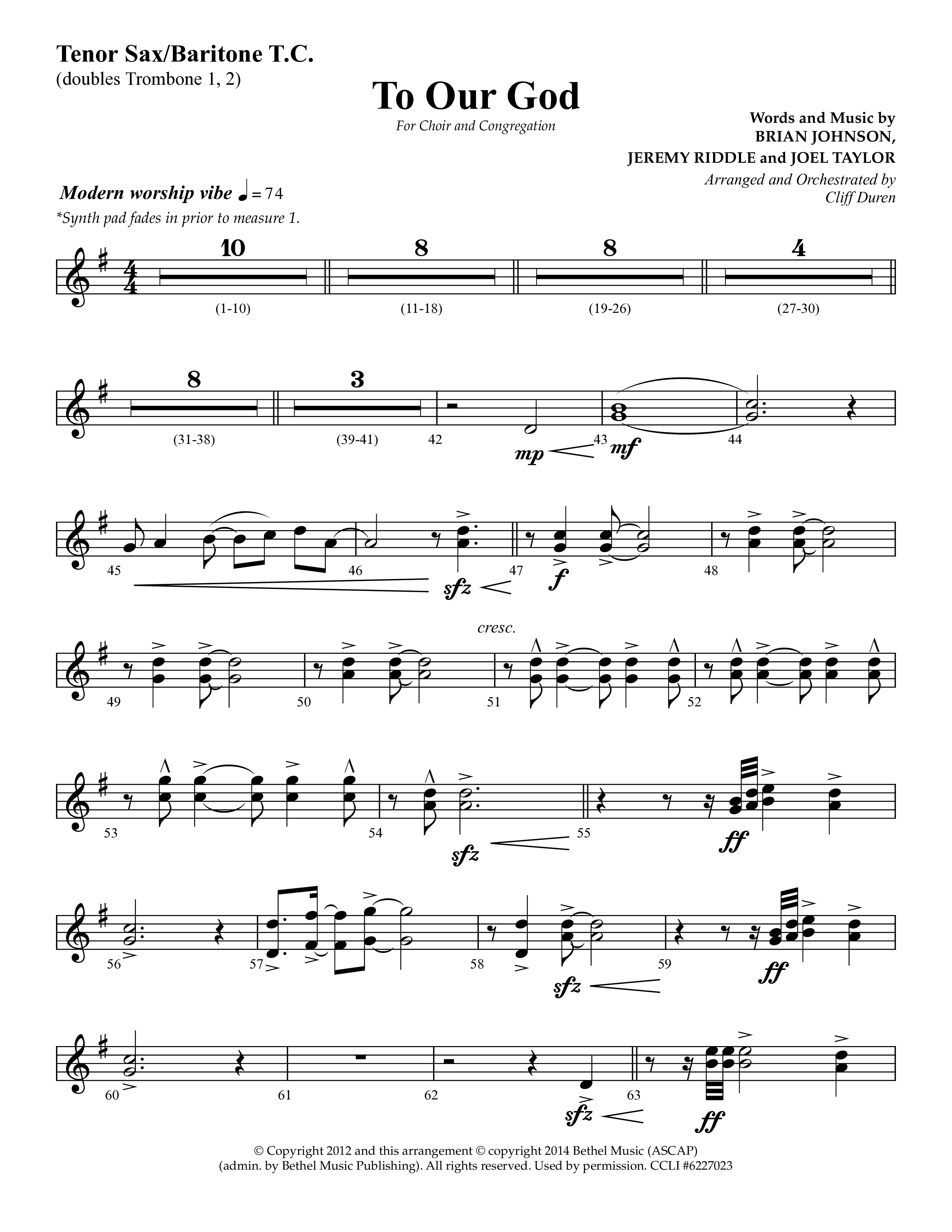 To Our God (Choral Anthem SATB) Tenor Sax/Baritone T.C. (Lifeway Choral / Arr. Cliff Duren)
