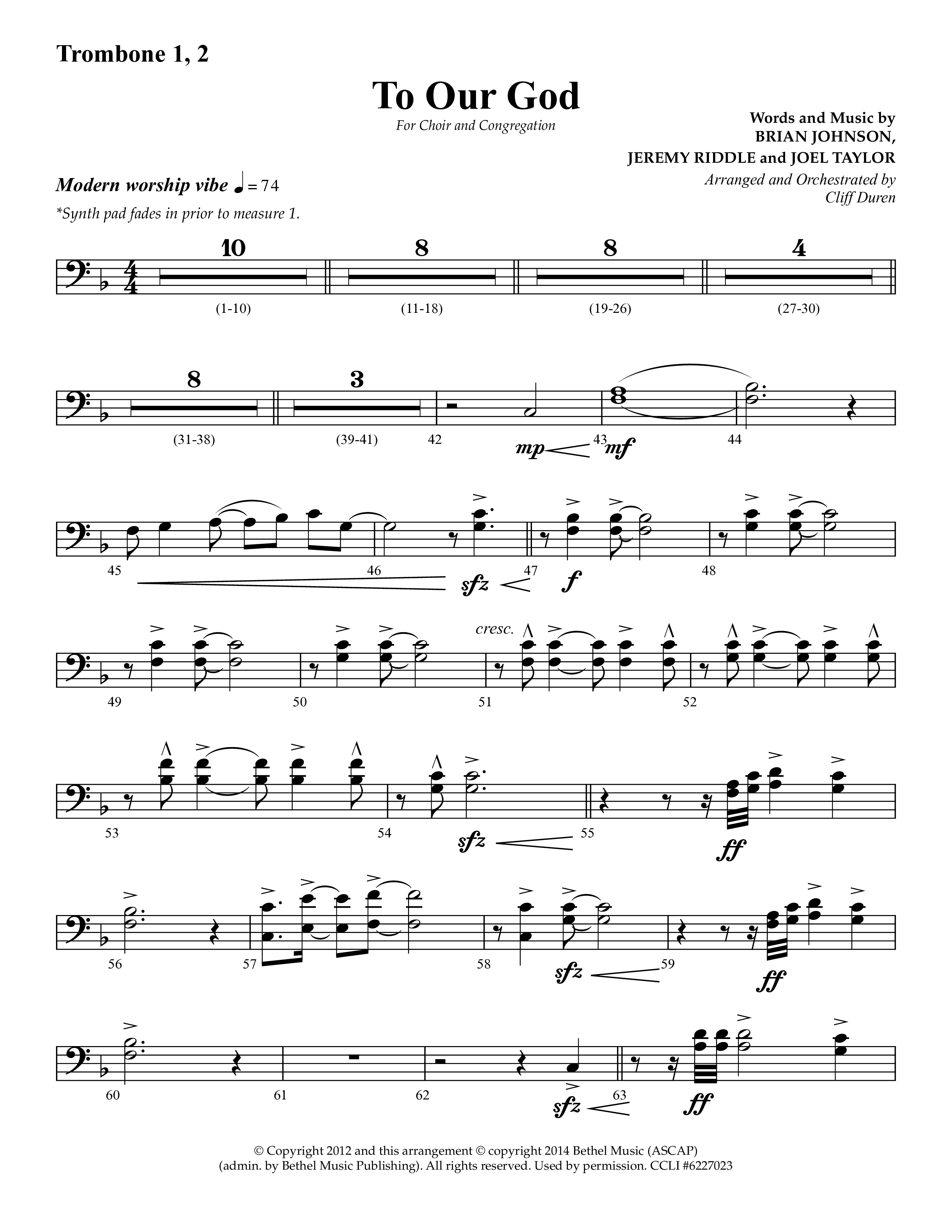 To Our God (Choral Anthem SATB) Trombone 1/2 (Lifeway Choral / Arr. Cliff Duren)