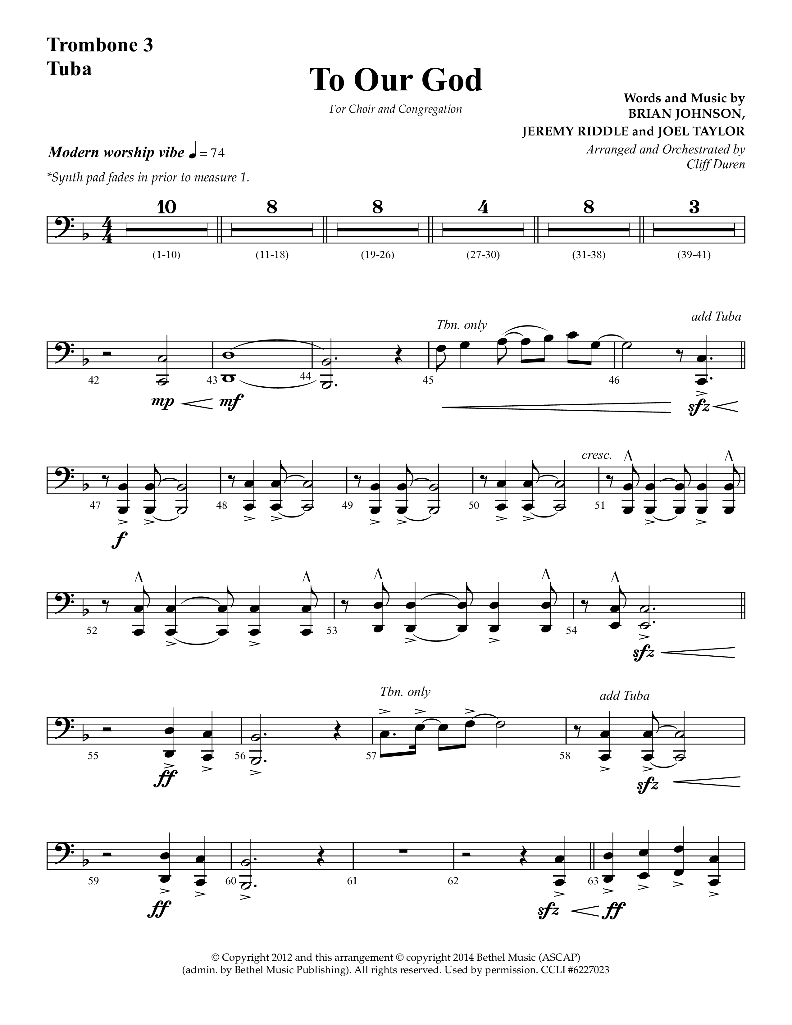 To Our God (Choral Anthem SATB) Trombone 3/Tuba (Lifeway Choral / Arr. Cliff Duren)