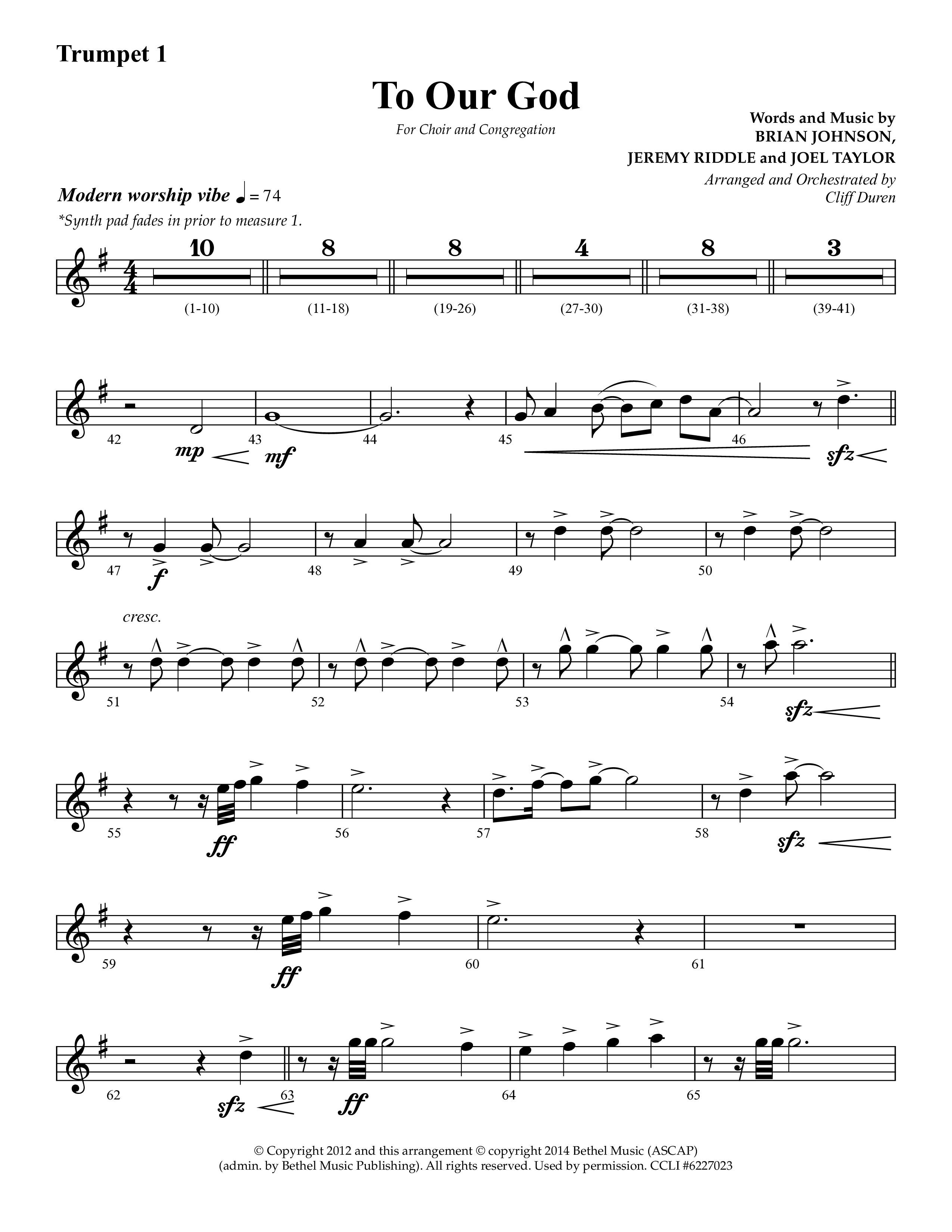 To Our God (Choral Anthem SATB) Trumpet 1 (Lifeway Choral / Arr. Cliff Duren)