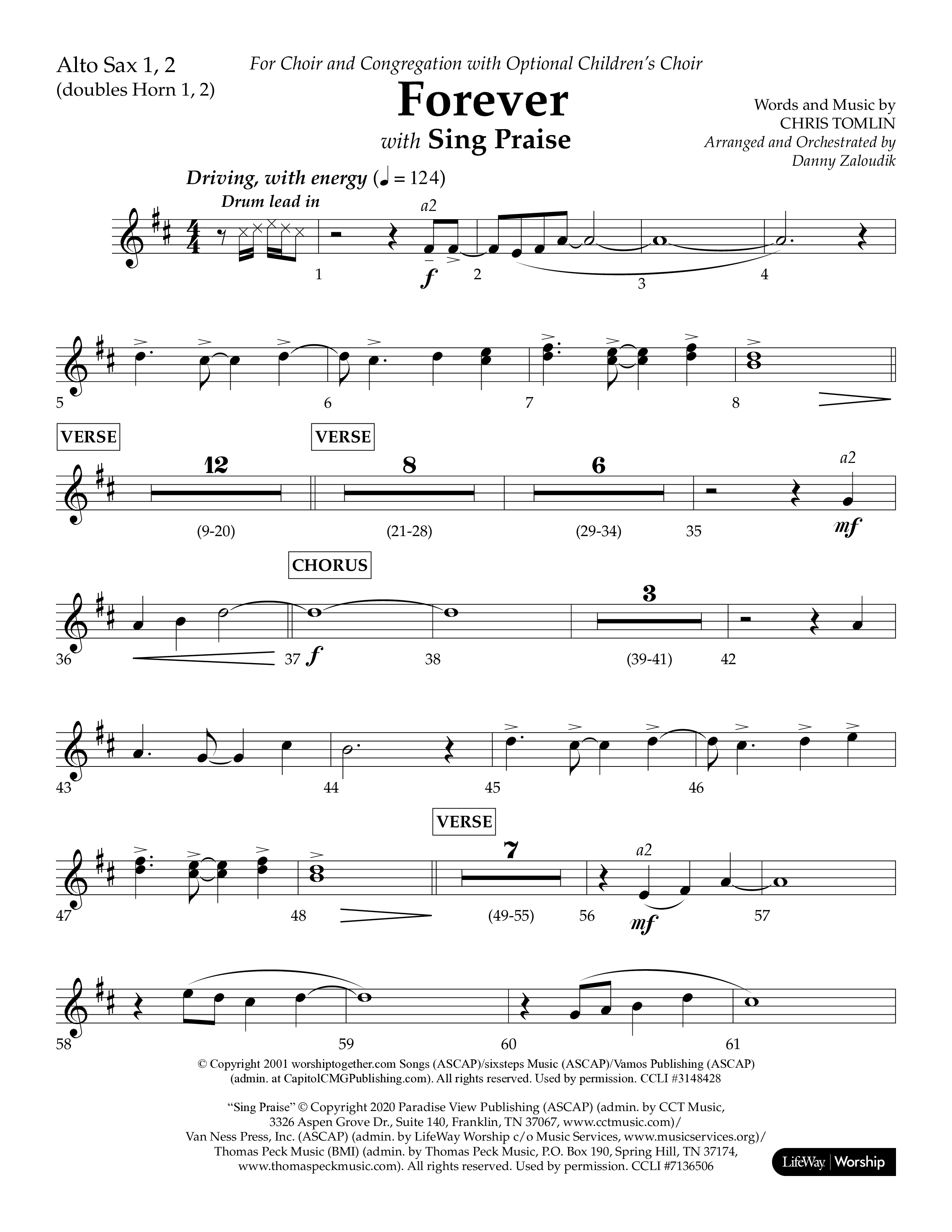 Forever (with Sing Praise) (Choral Anthem SATB) Alto Sax 1/2 (Lifeway Choral / Arr. Danny Zaloudik)