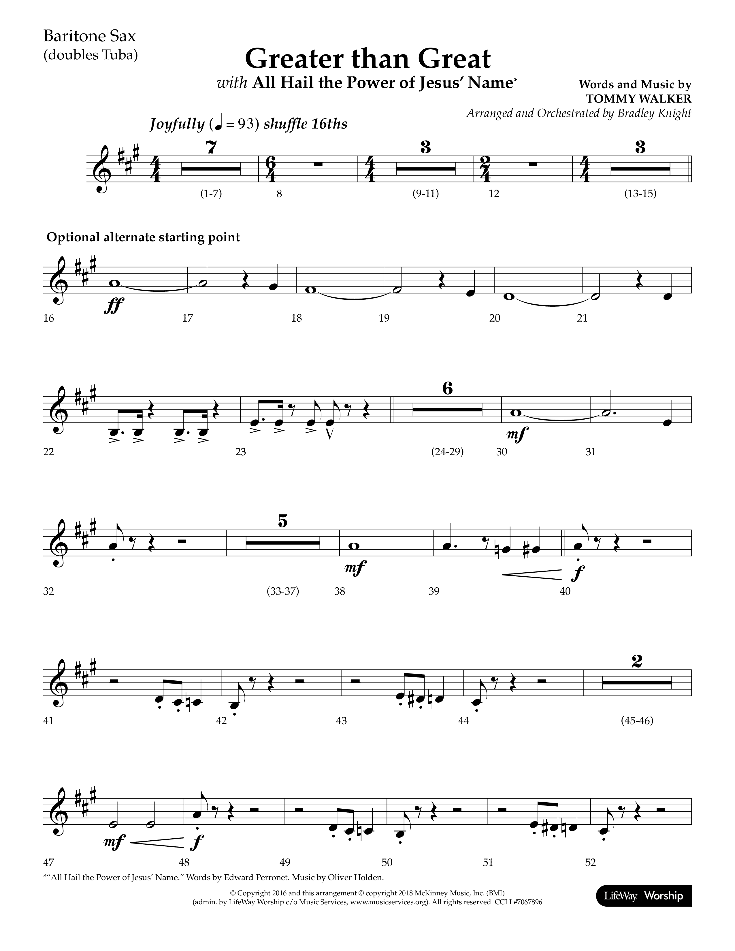 Greater Than Great (with All Hail The Power Of Jesus' Name) (Choral Anthem SATB) Bari Sax (Lifeway Choral / Arr. Bradley Knight)