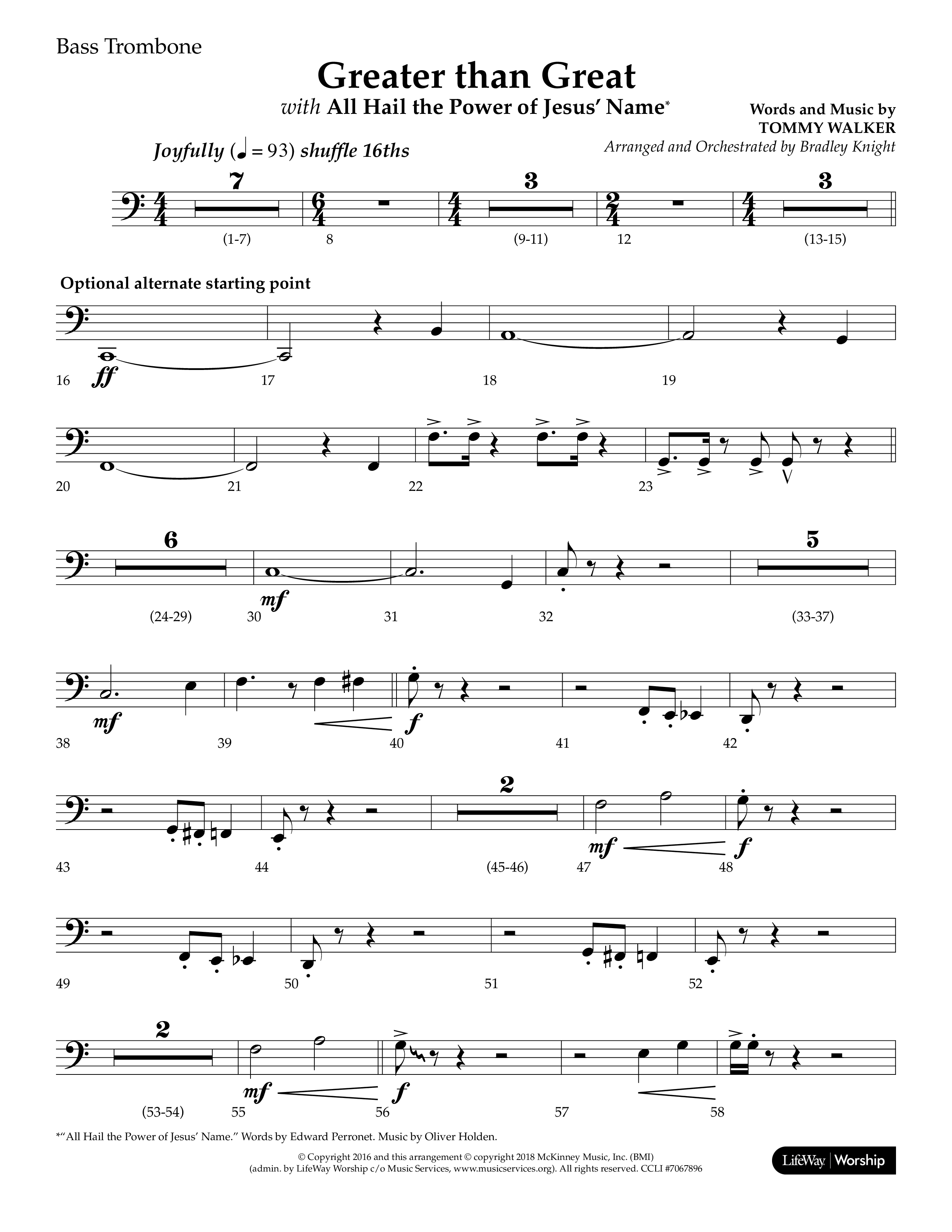 Greater Than Great (with All Hail The Power Of Jesus' Name) (Choral Anthem SATB) Bass Trombone (Lifeway Choral / Arr. Bradley Knight)