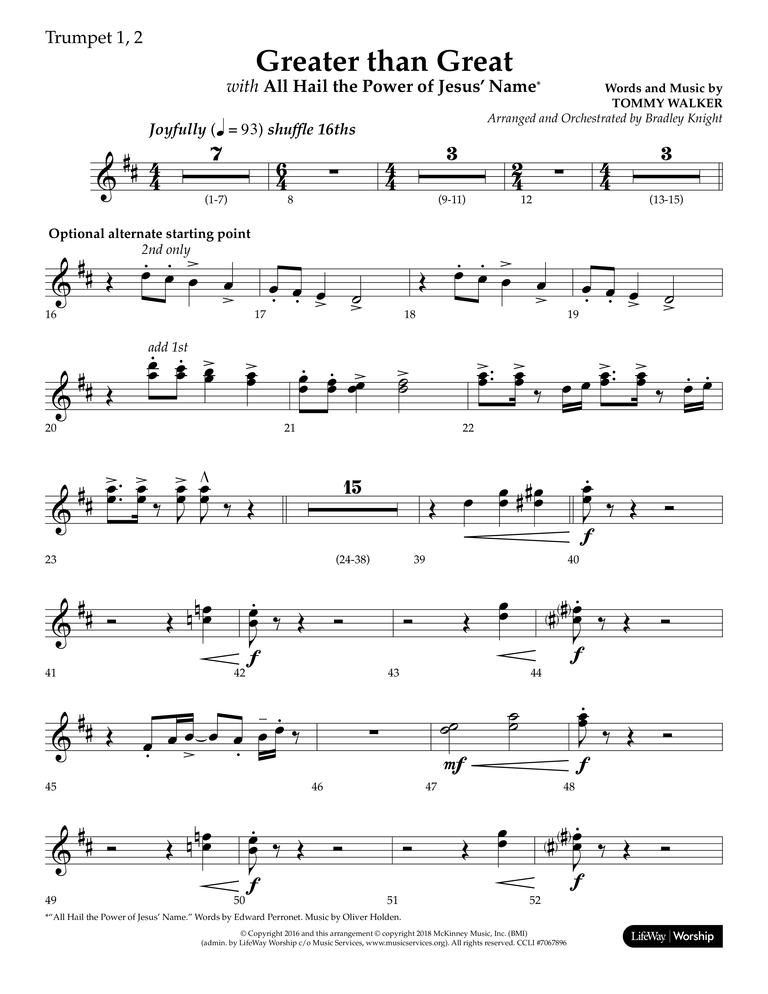 Greater Than Great (with All Hail The Power Of Jesus' Name) (Choral Anthem SATB) Trumpet 1,2 (Lifeway Choral / Arr. Bradley Knight)