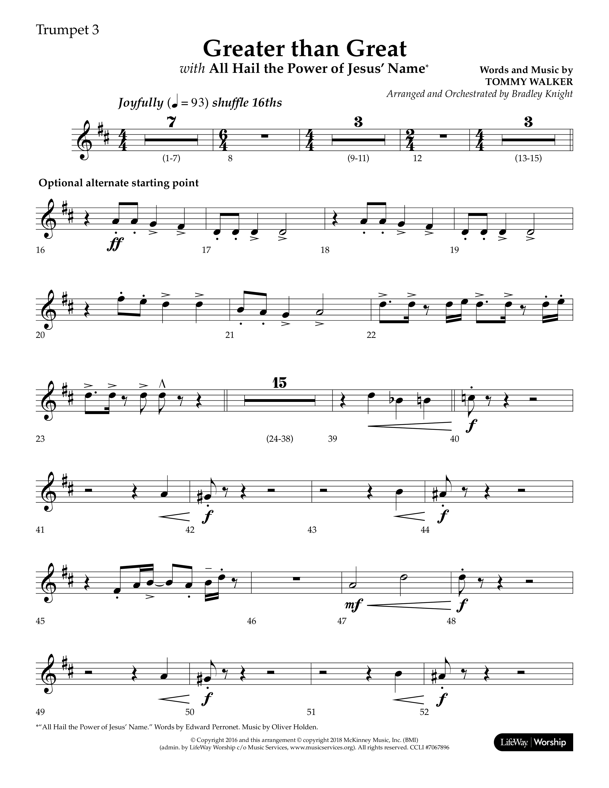 Greater Than Great (with All Hail The Power Of Jesus' Name) (Choral Anthem SATB) Trumpet 3 (Lifeway Choral / Arr. Bradley Knight)