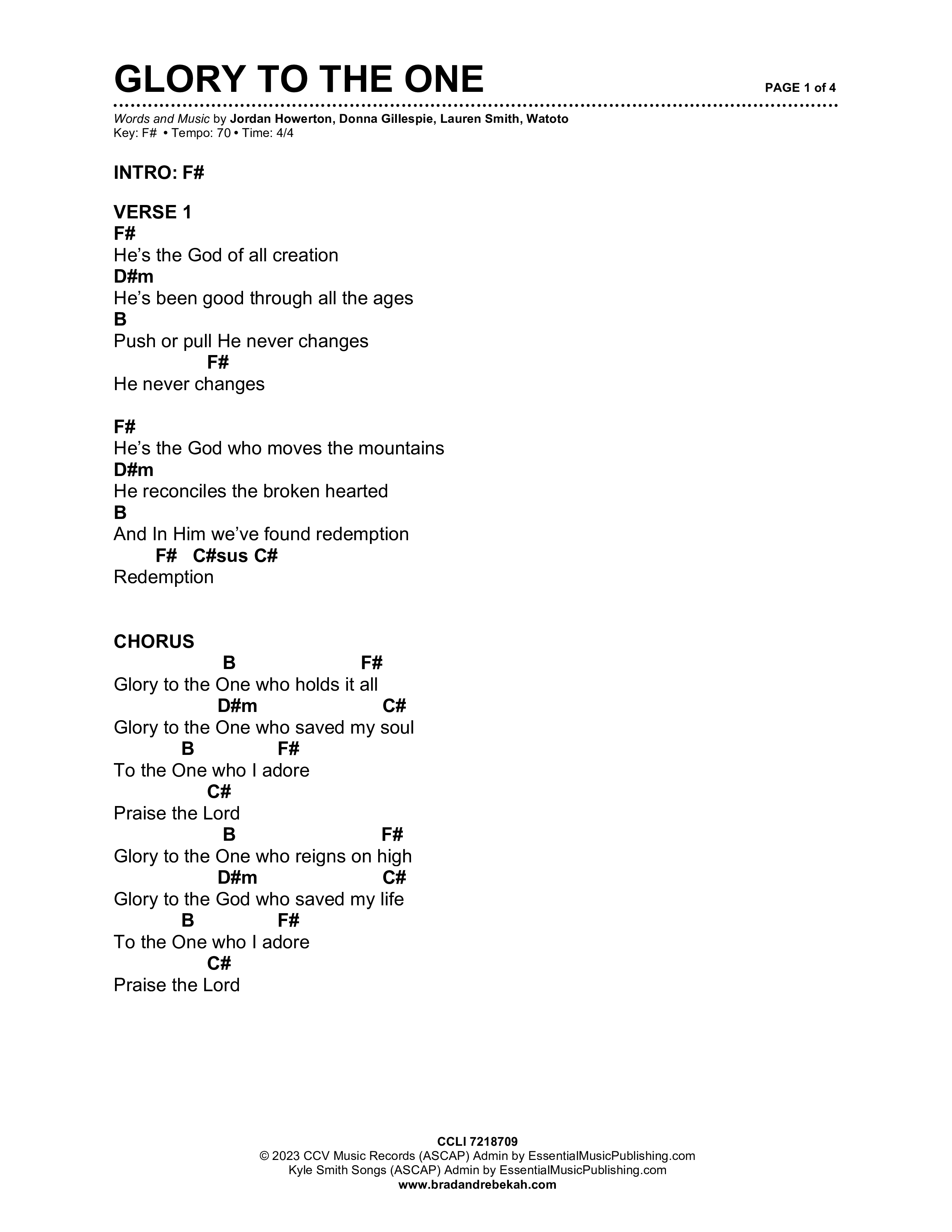 Glory To The One Chord Chart (Brad & Rebekah)