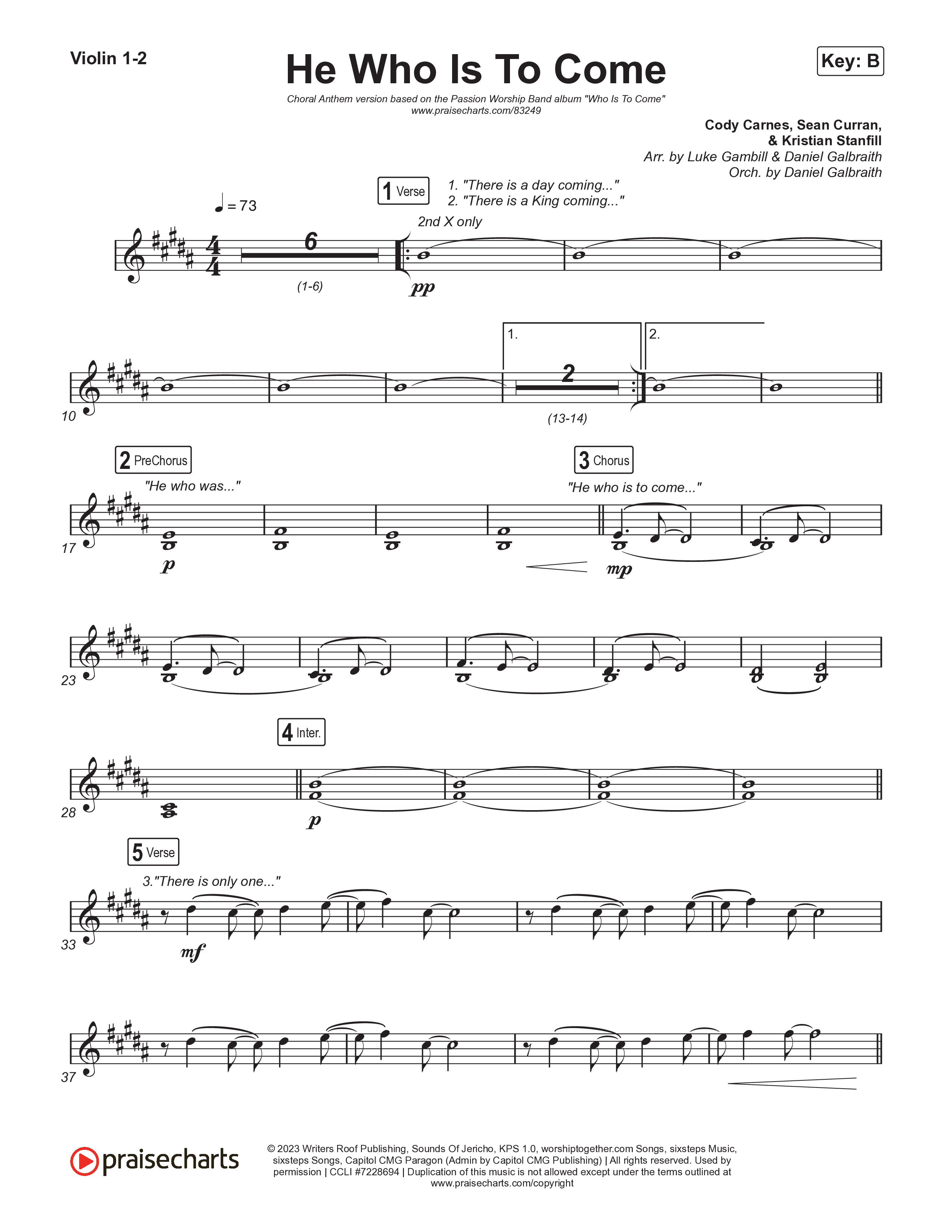 He Who Is To Come (Choral Anthem SATB) Violin 1,2 (Passion / Cody Carnes / Kristian Stanfill / Arr. Luke Gambill)