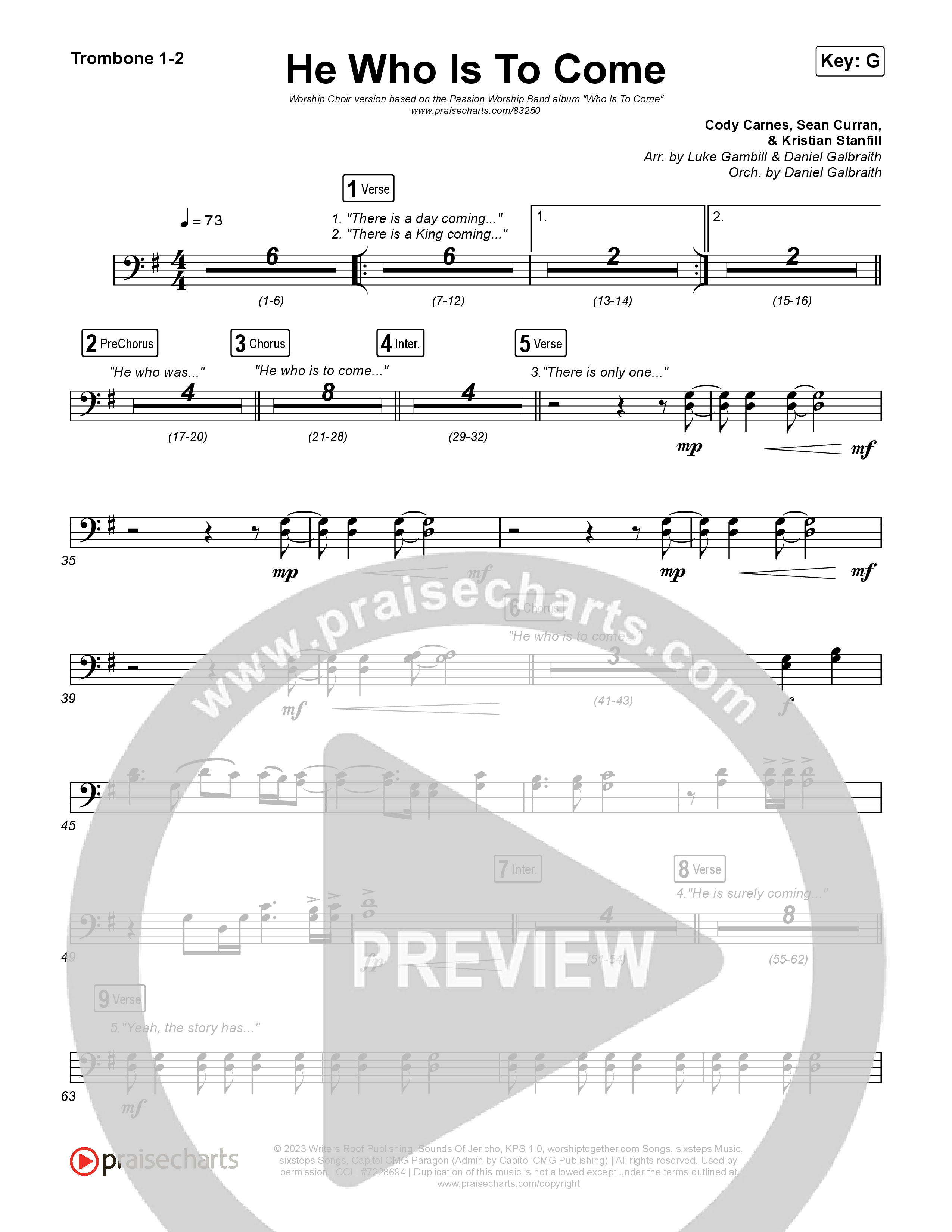 He Who Is To Come (Worship Choir/SAB) Trombone 1/2 (Passion / Cody Carnes / Kristian Stanfill / Arr. Luke Gambill)
