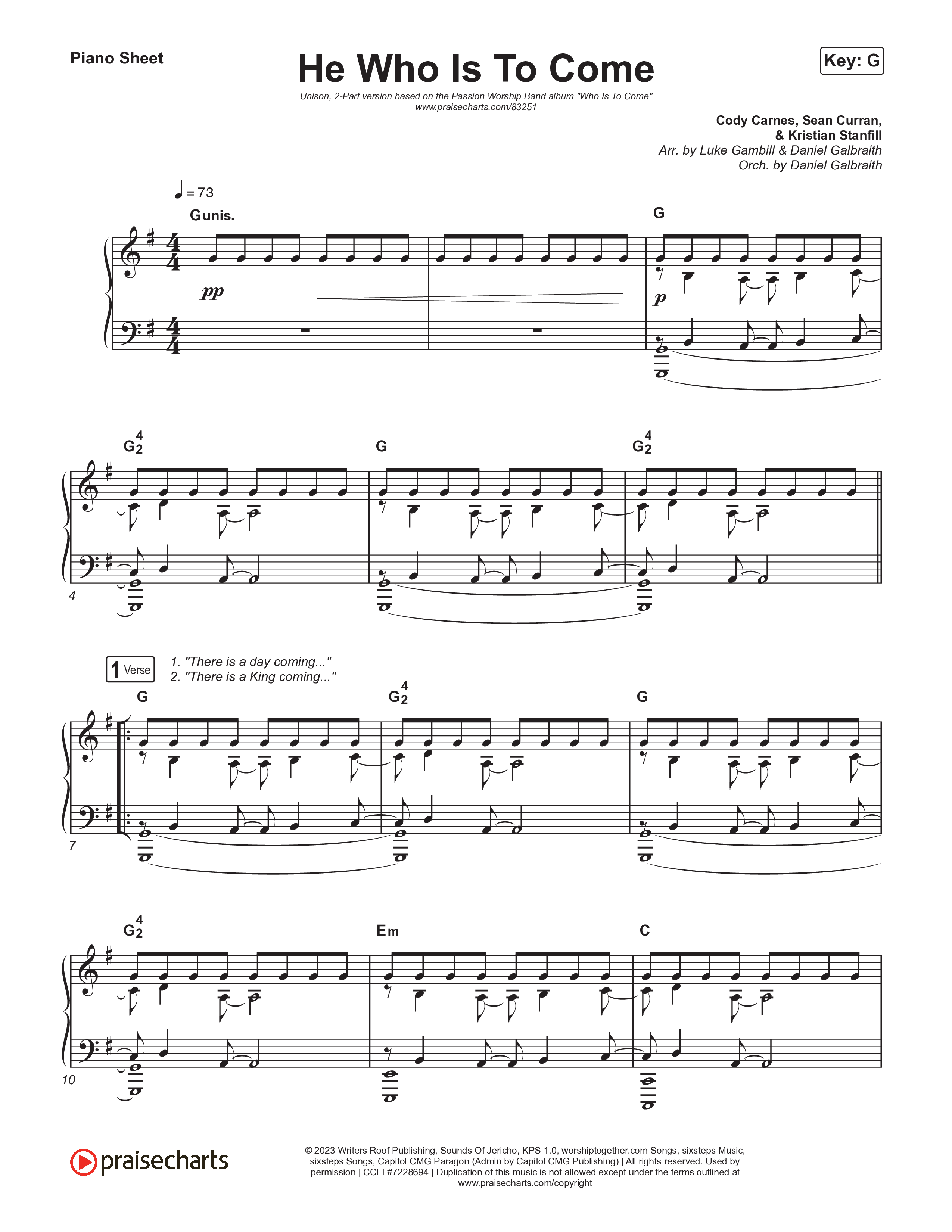 He Who Is To Come (Unison/2-Part) Piano Sheet (Passion / Cody Carnes / Kristian Stanfill / Arr. Luke Gambill)