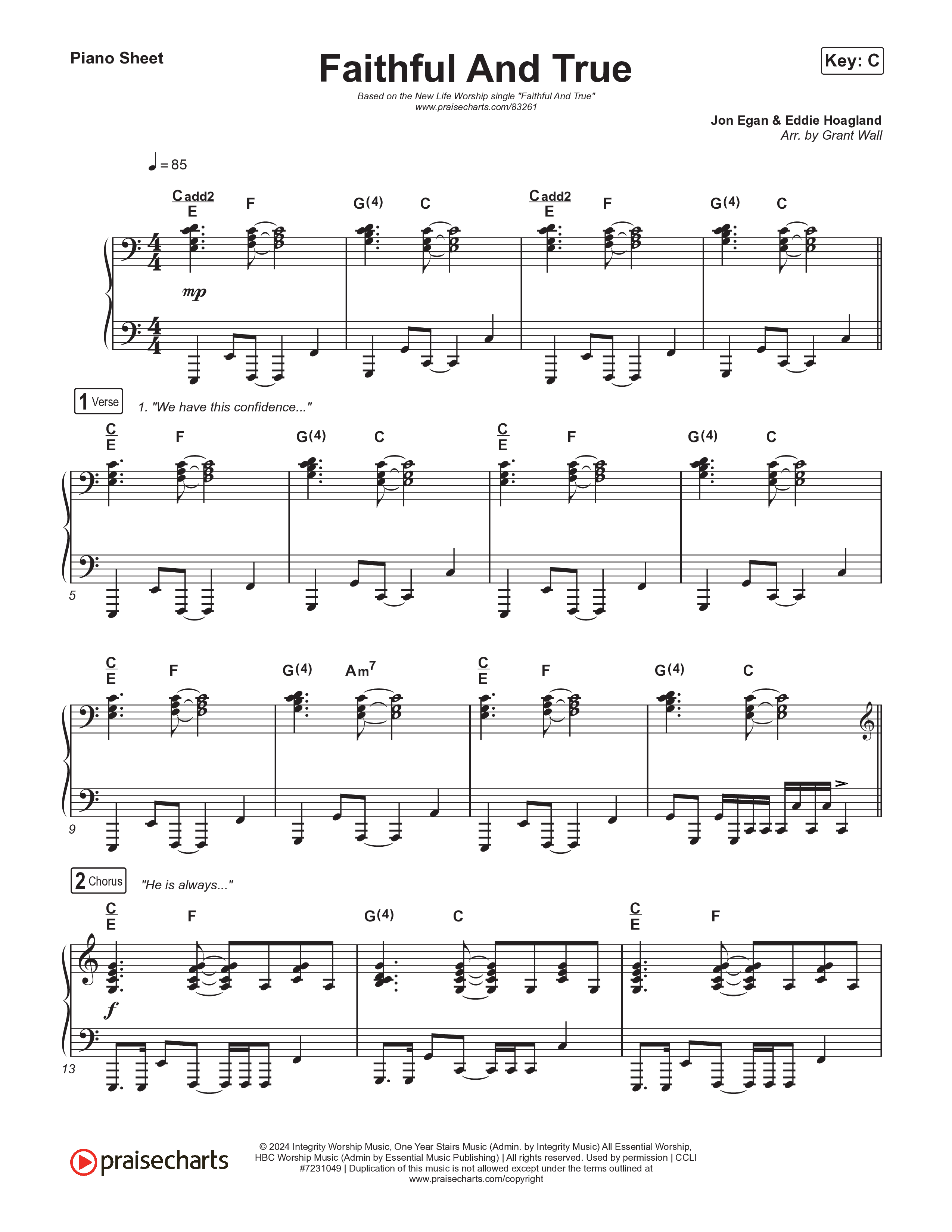 Faithful And True (Live) Piano Sheet (New Life Worship)