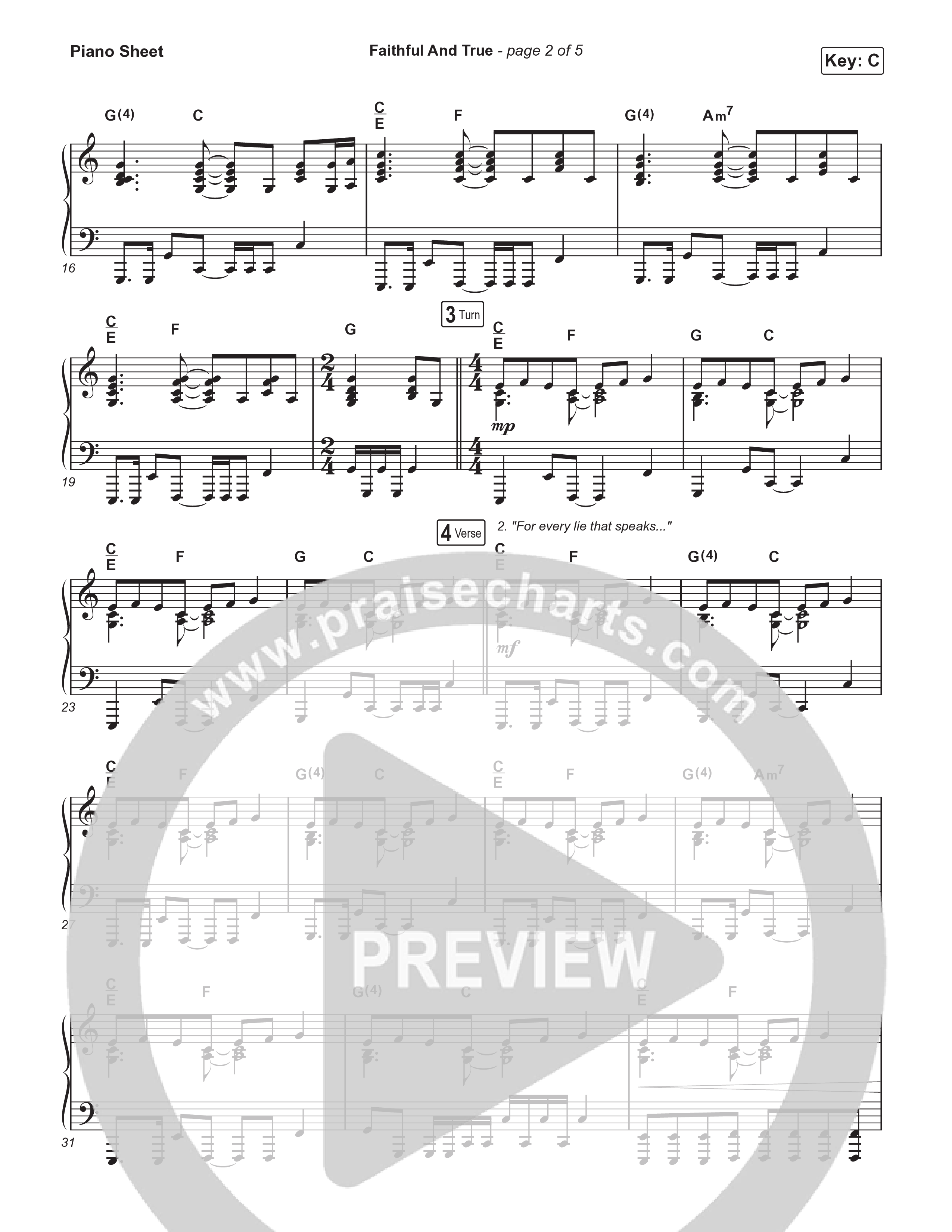 Faithful And True (Live) Piano Sheet (New Life Worship)