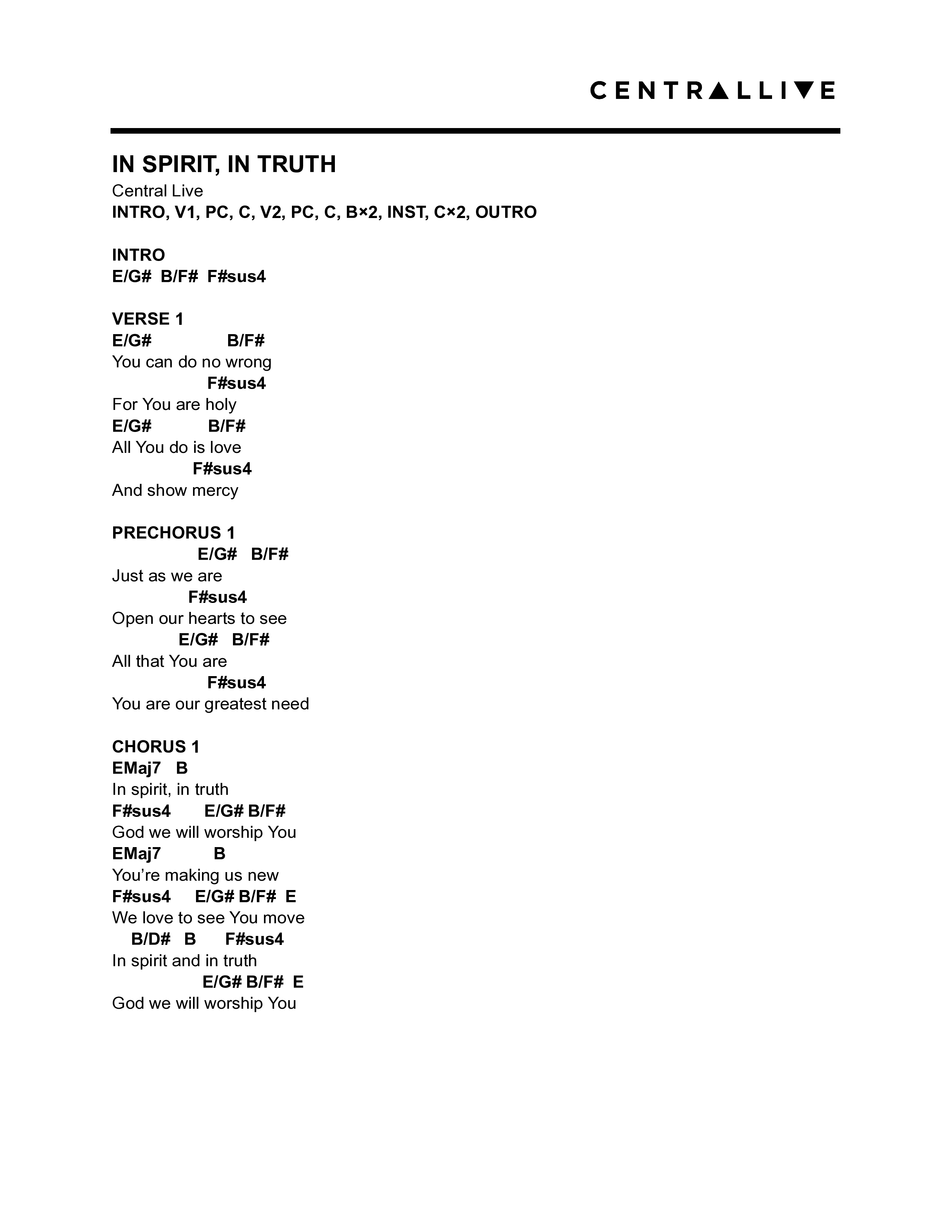 In Spirit In Truth Chord Chart (Central Live)