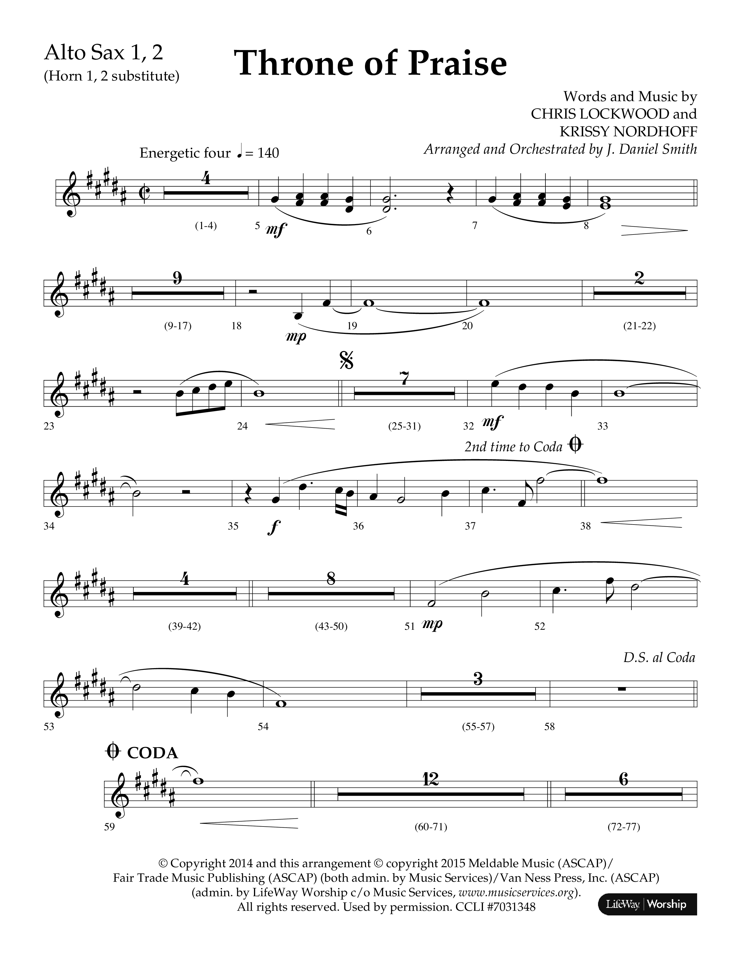 Throne Of Praise (Choral Anthem SATB) Alto Sax 1/2 (Lifeway Choral / Arr. J. Daniel Smith)