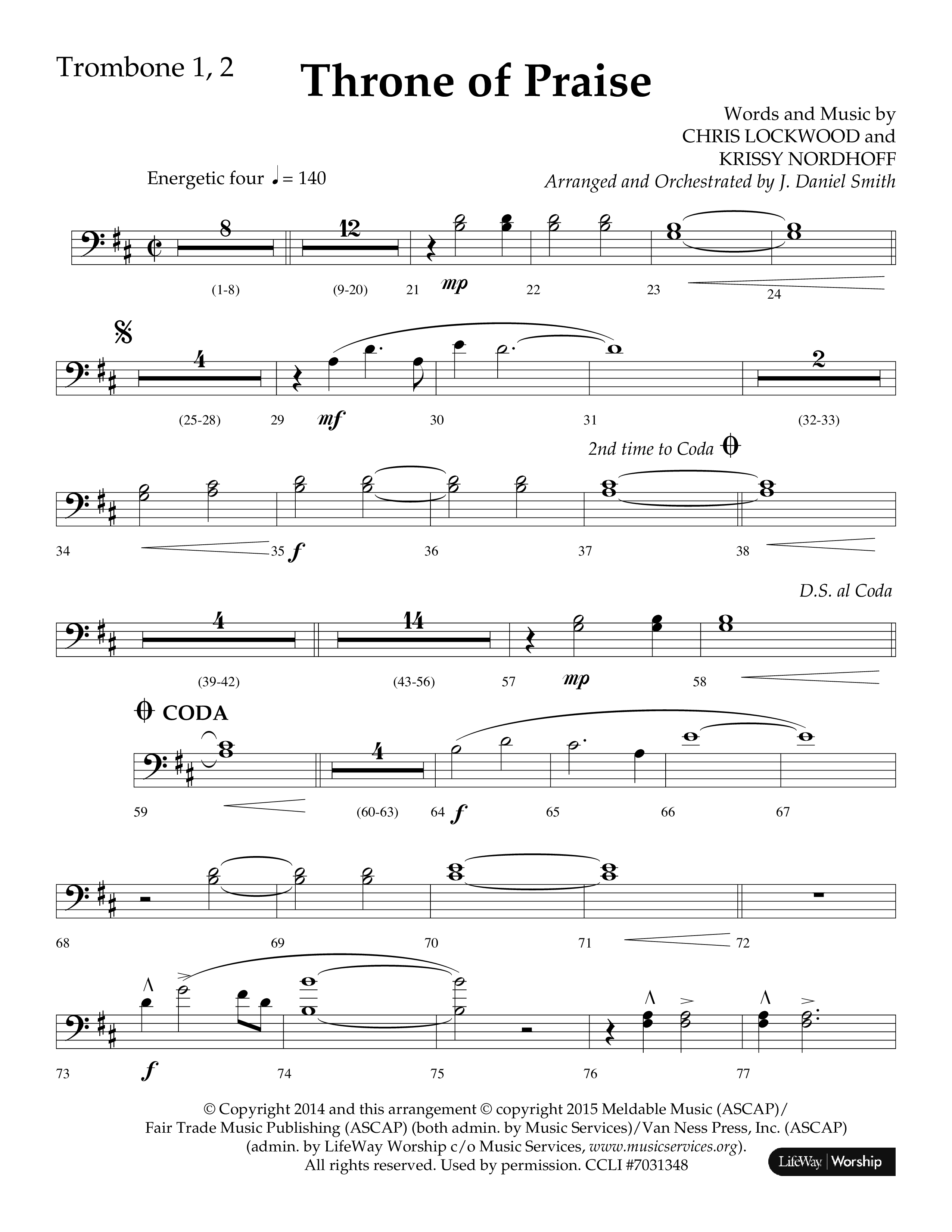 Throne Of Praise (Choral Anthem SATB) Trombone 1/2 (Lifeway Choral / Arr. J. Daniel Smith)