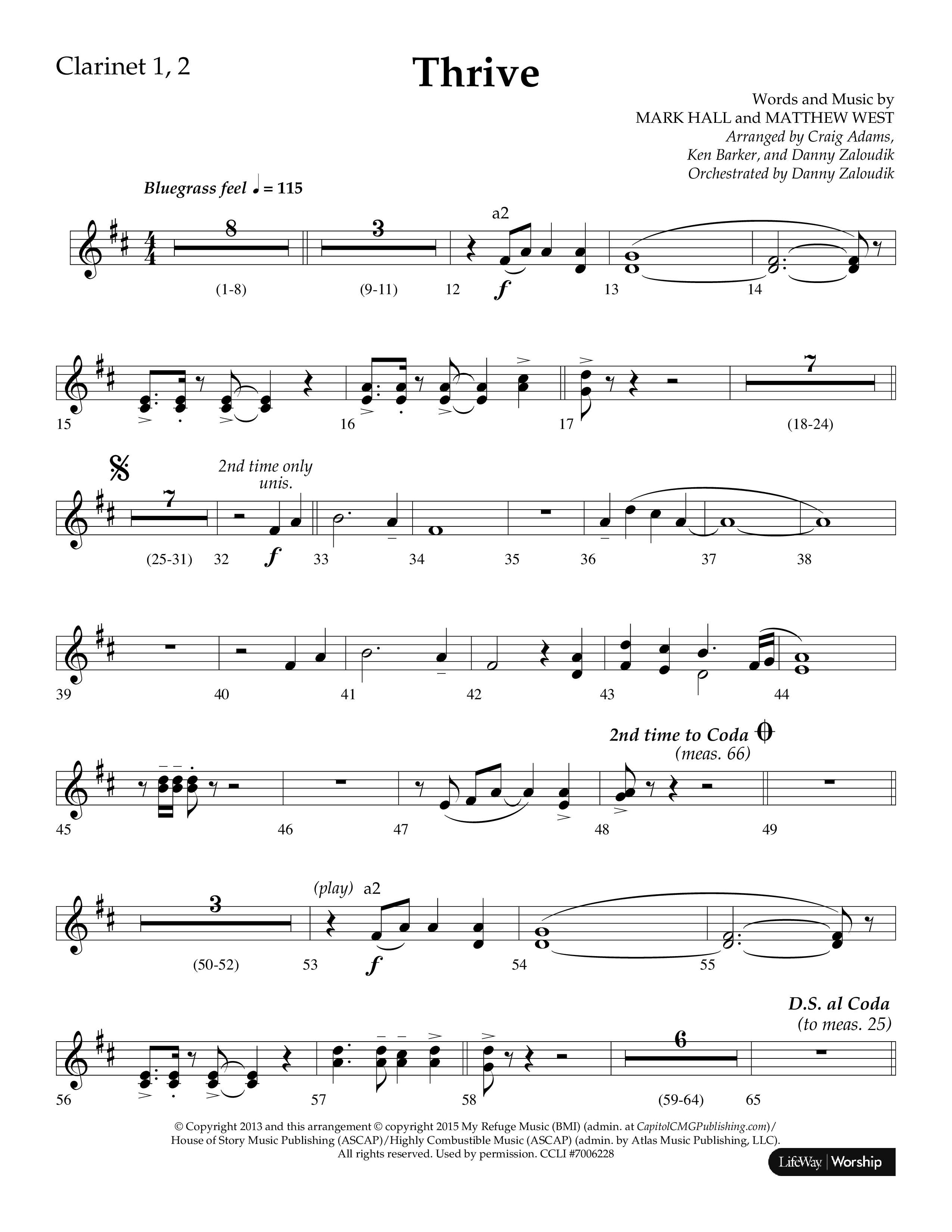 Thrive (Choral Anthem SATB) Clarinet 1/2 (Lifeway Choral / Arr. Craig Adams / Arr. Ken Barker / Arr. Danny Zaloudik / Orch. Danny Zaloudik)