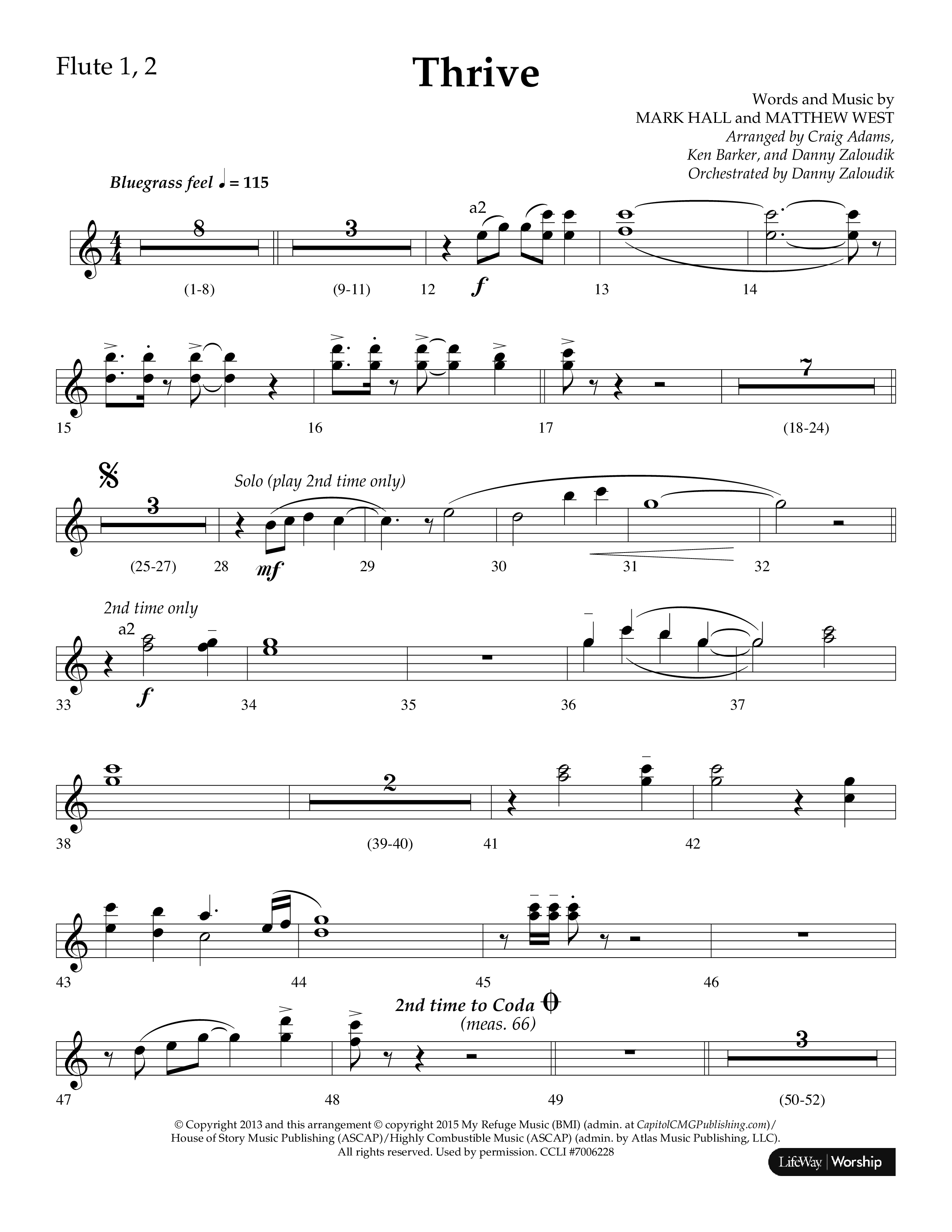 Thrive (Choral Anthem SATB) Flute 1/2 (Lifeway Choral / Arr. Craig Adams / Arr. Ken Barker / Arr. Danny Zaloudik / Orch. Danny Zaloudik)