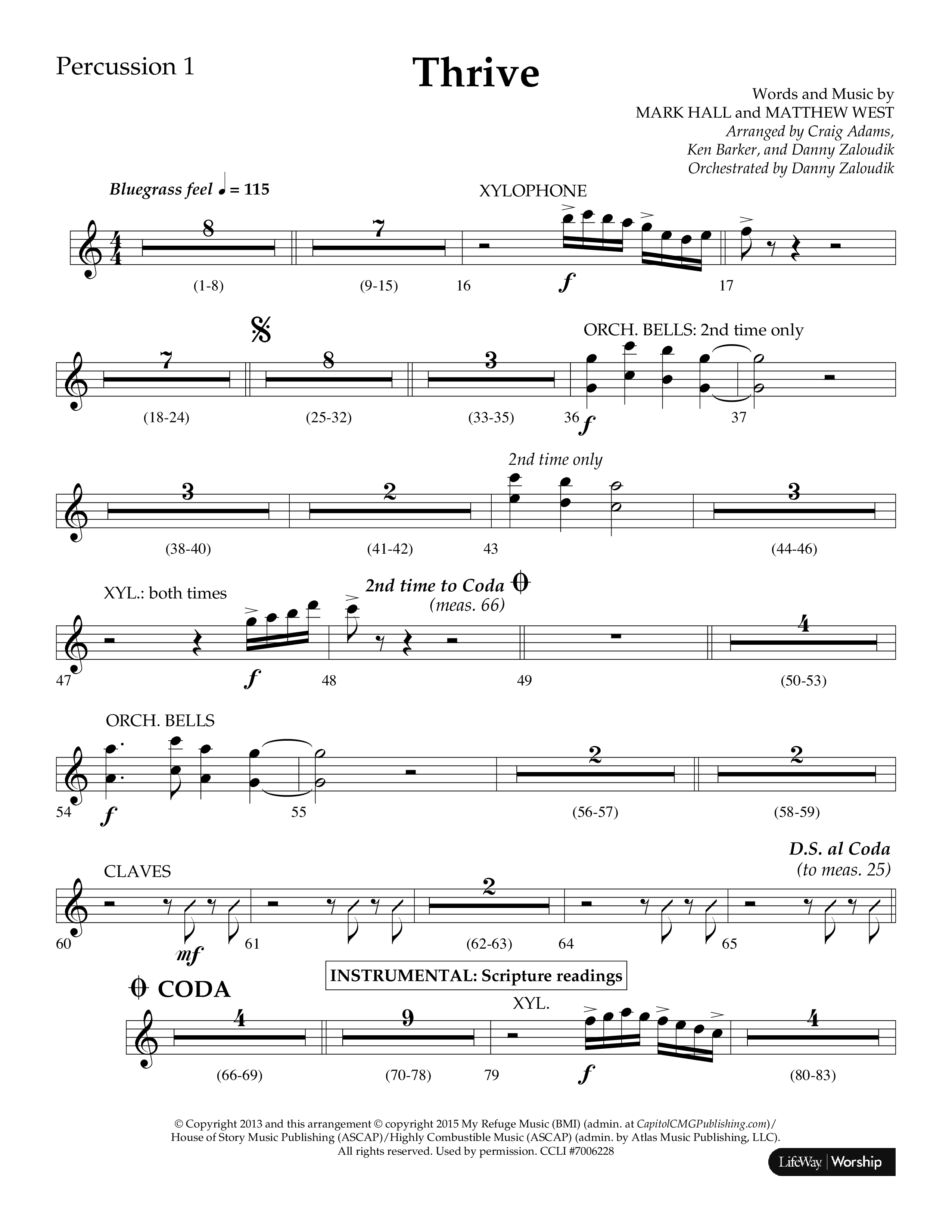 Thrive (Choral Anthem SATB) Percussion 1/2 (Lifeway Choral / Arr. Craig Adams / Arr. Ken Barker / Arr. Danny Zaloudik / Orch. Danny Zaloudik)