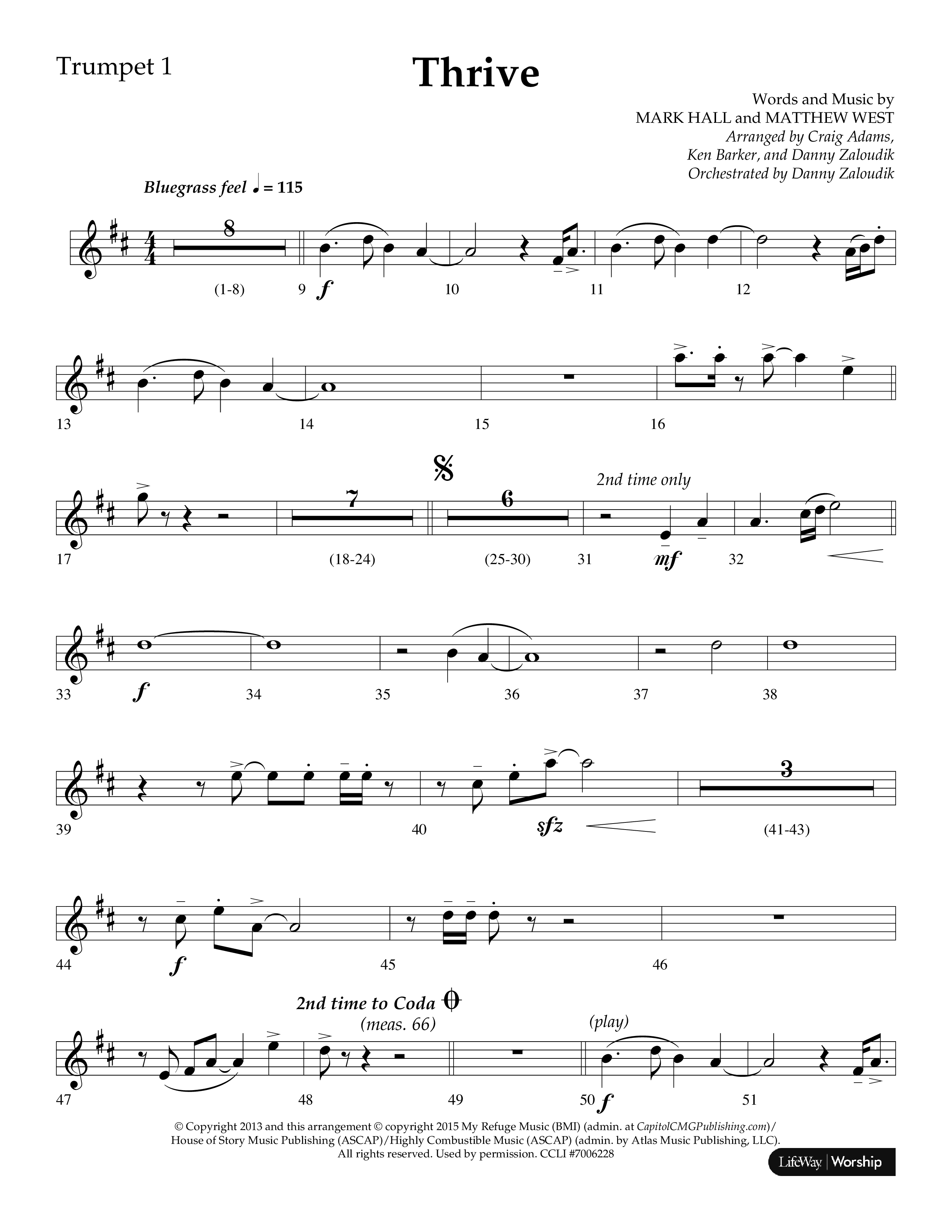 Thrive (Choral Anthem SATB) Trumpet 1 (Lifeway Choral / Arr. Craig Adams / Arr. Ken Barker / Arr. Danny Zaloudik / Orch. Danny Zaloudik)