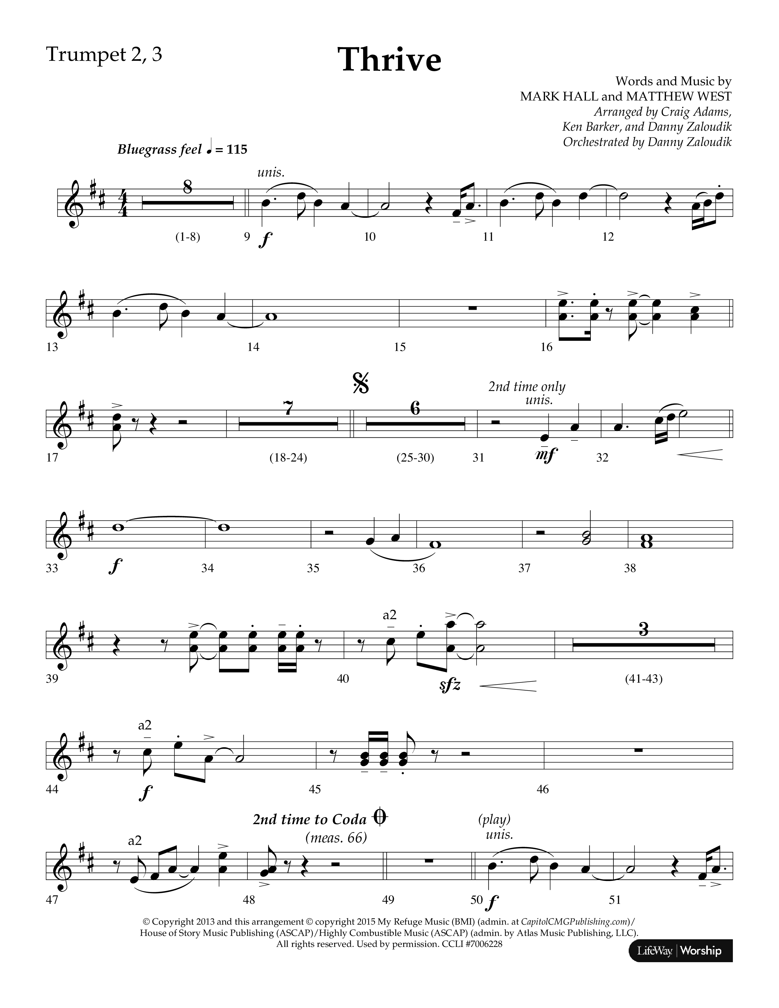 Thrive (Choral Anthem SATB) Trumpet 2/3 (Lifeway Choral / Arr. Craig Adams / Arr. Ken Barker / Arr. Danny Zaloudik / Orch. Danny Zaloudik)