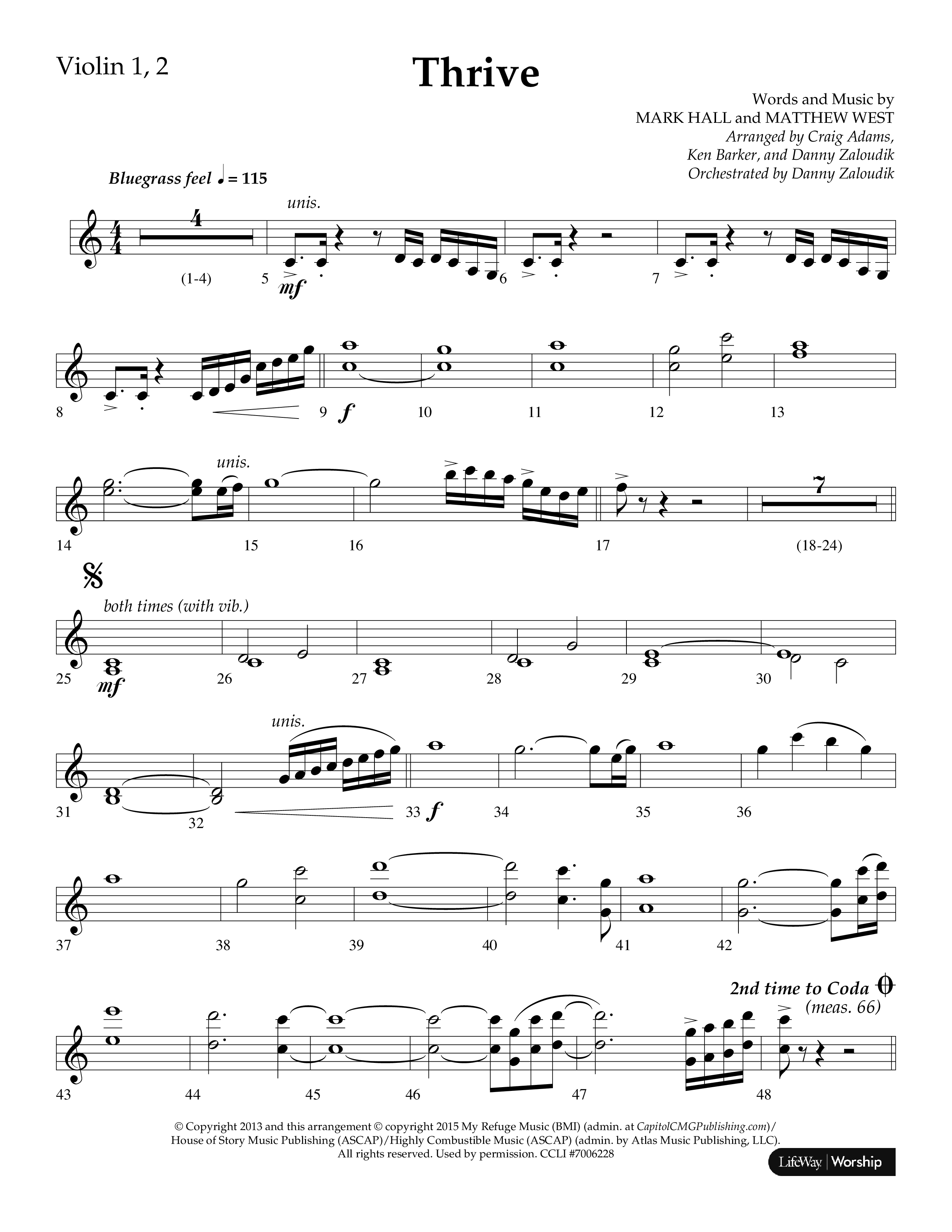 Thrive (Choral Anthem SATB) Violin 1/2 (Lifeway Choral / Arr. Craig Adams / Arr. Ken Barker / Arr. Danny Zaloudik / Orch. Danny Zaloudik)