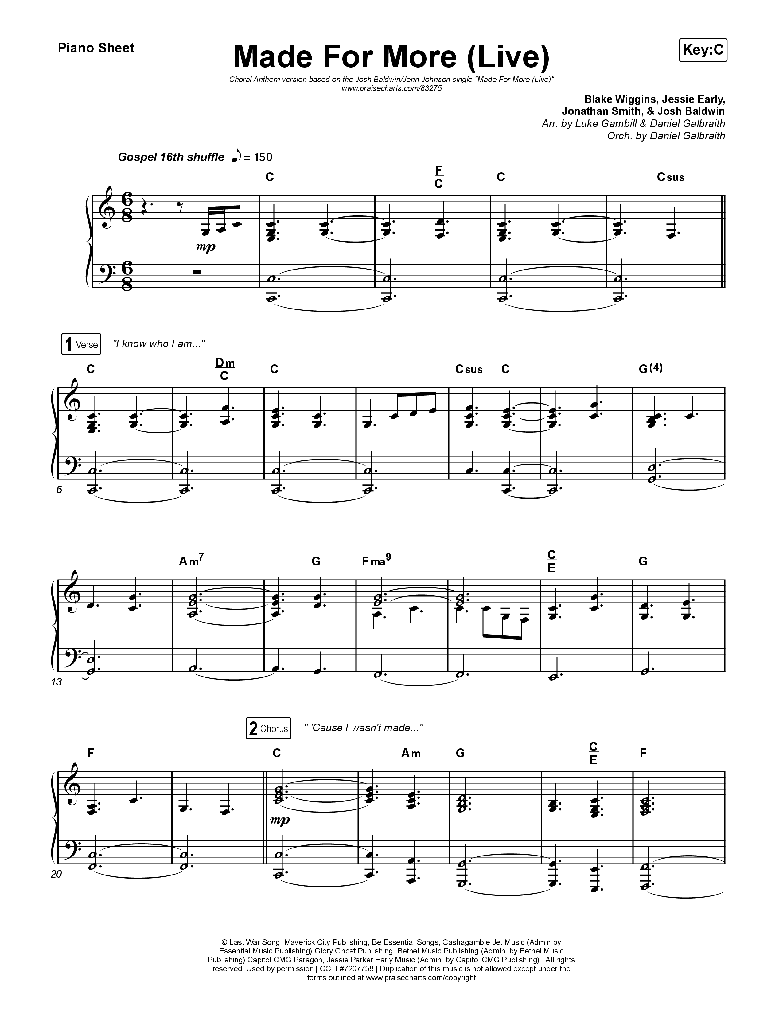 Made For More (Choral Anthem SATB) Piano Sheet (Josh Baldwin / Jenn Johnson / Arr. Luke Gambill)