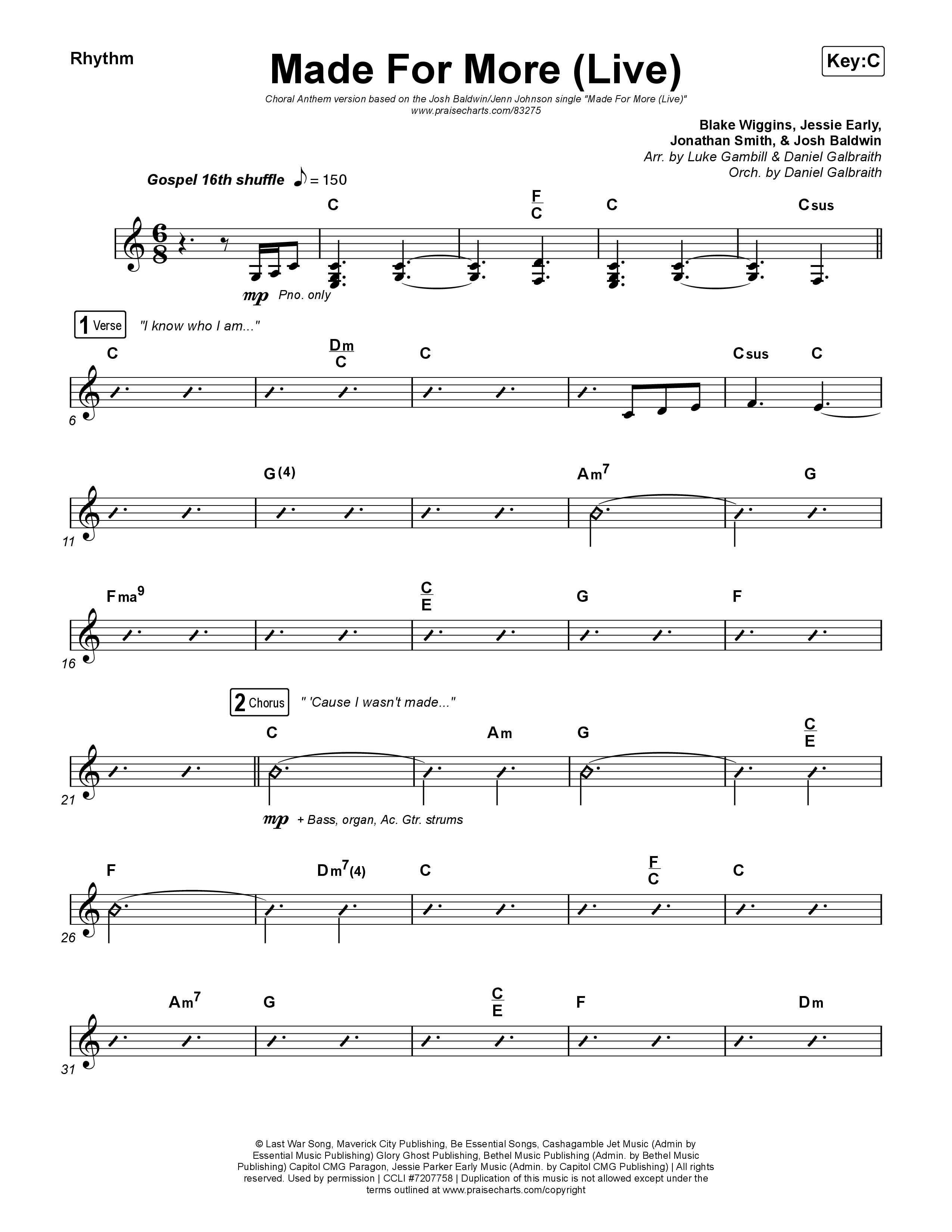 Made For More (Choral Anthem SATB) Rhythm Chart (Josh Baldwin / Jenn Johnson / Arr. Luke Gambill)