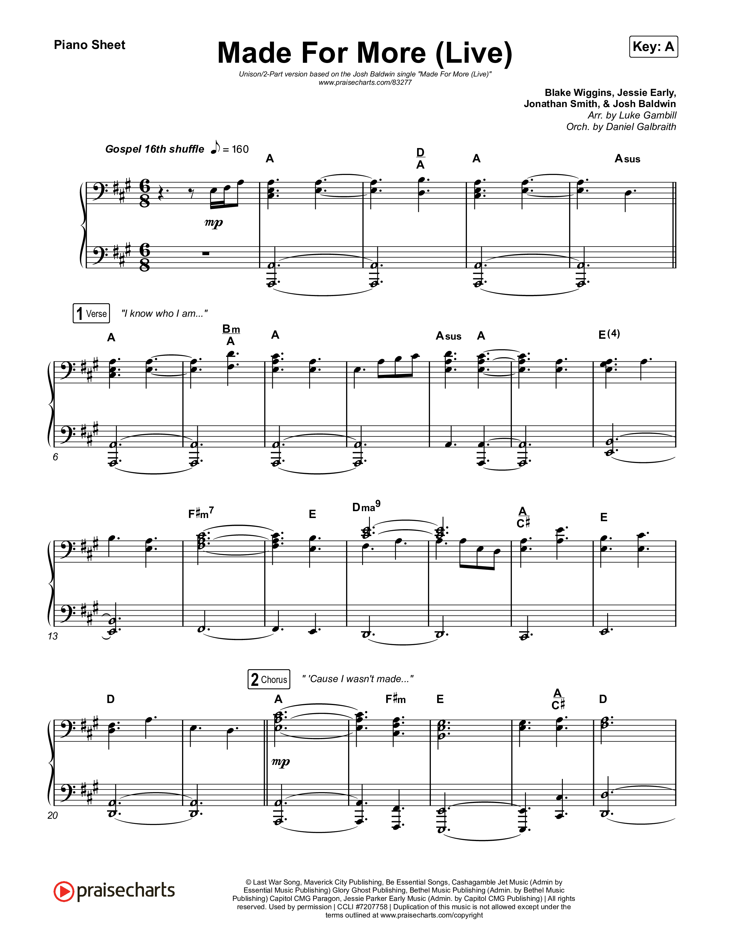 Made For More (Unison/2-Part) Piano Sheet (Josh Baldwin / Jenn Johnson / Arr. Luke Gambill)