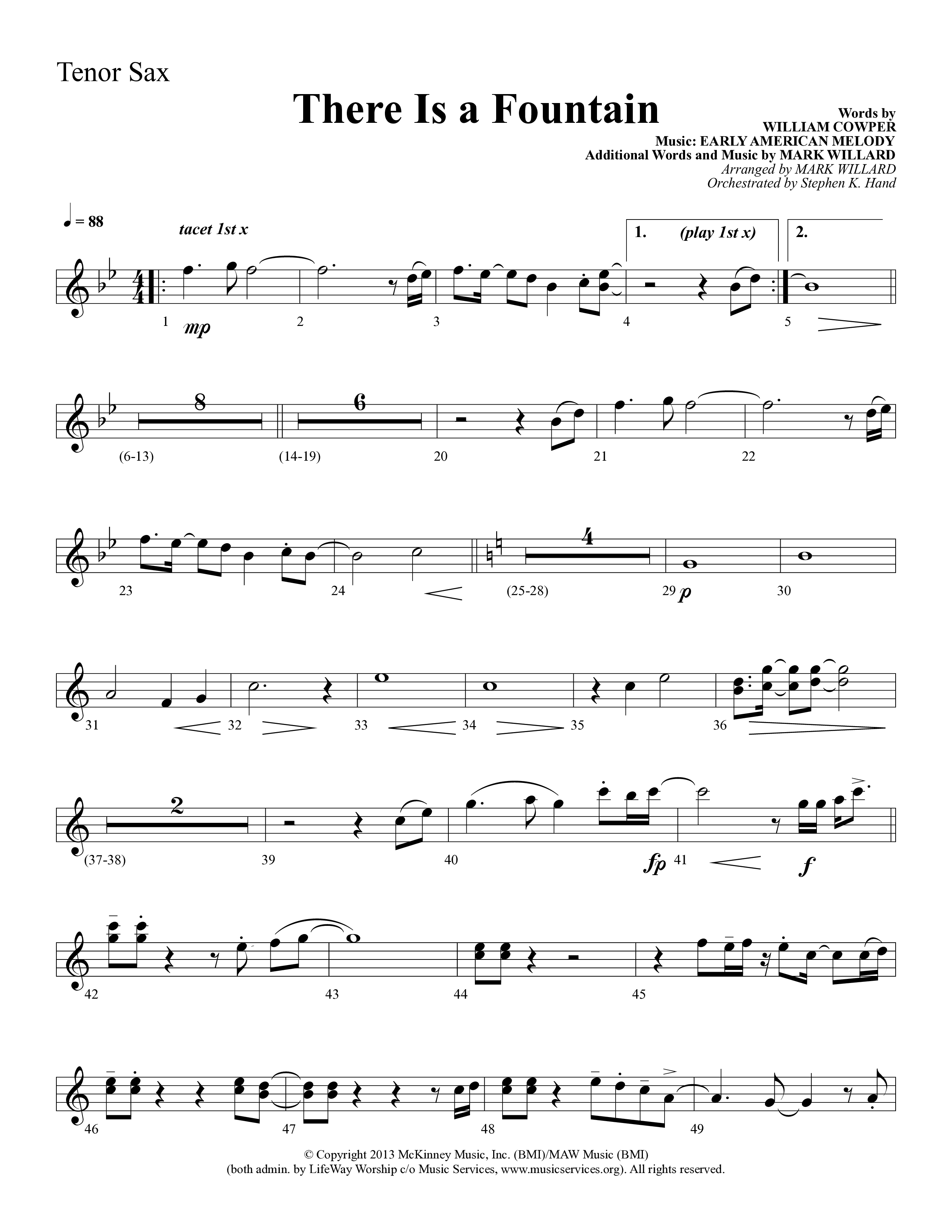 There Is A Fountain (Choral Anthem SATB) Tenor Sax 1 (Lifeway Choral / Arr. Mark Willard / Orch. Stephen K. Hand)