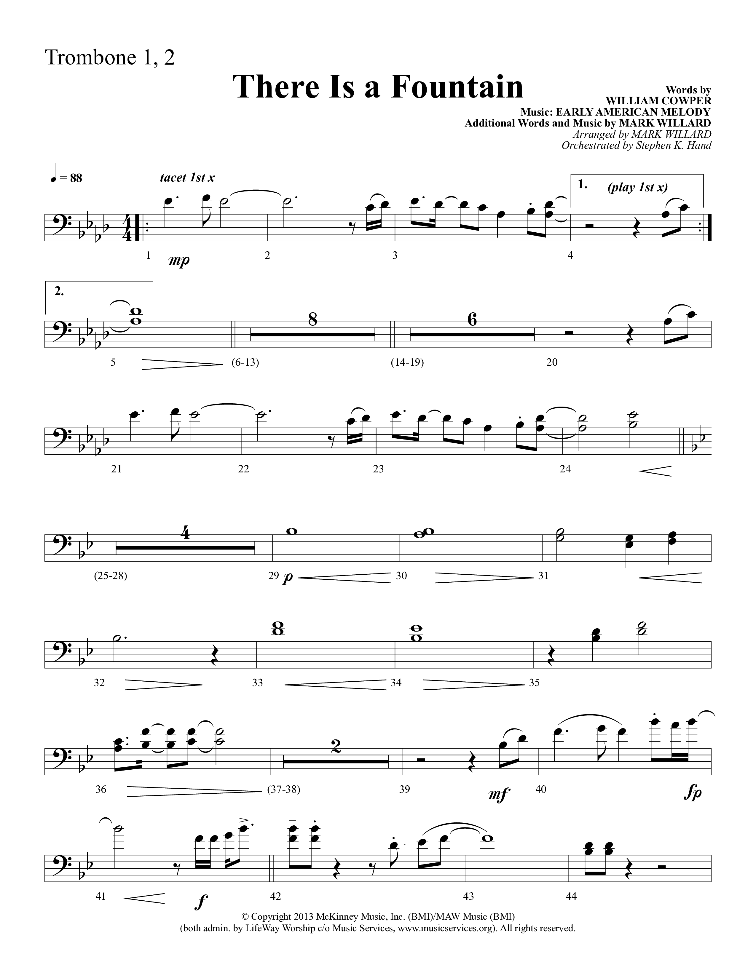 There Is A Fountain (Choral Anthem SATB) Trombone 1/2 (Lifeway Choral / Arr. Mark Willard / Orch. Stephen K. Hand)