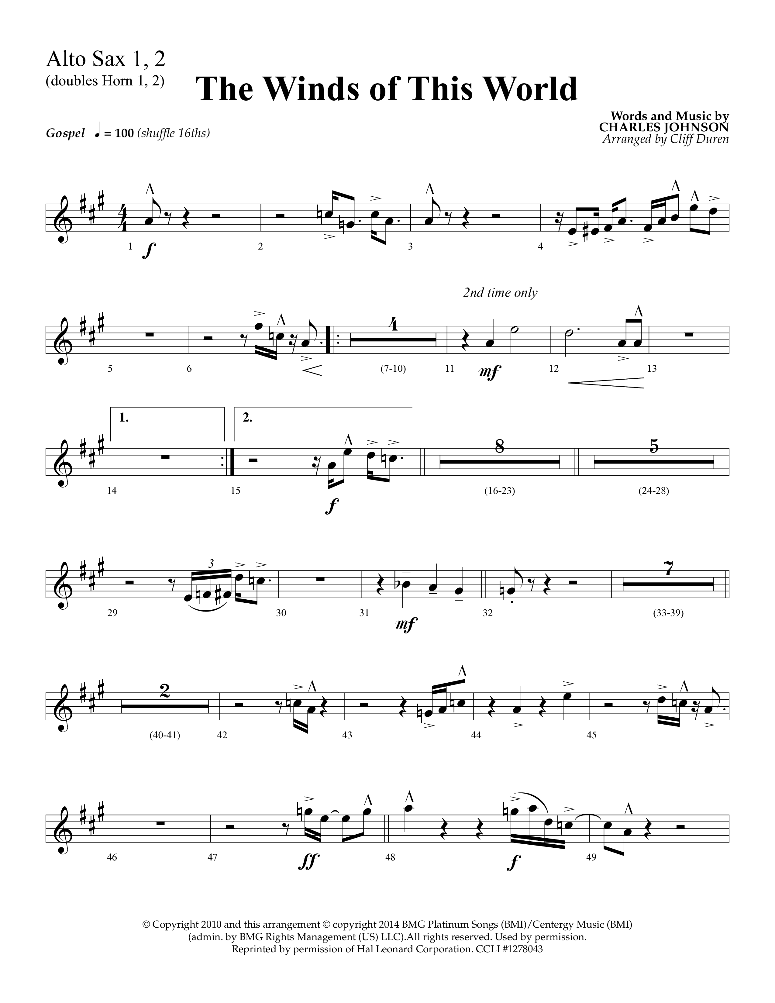 The Winds Of This World (Choral Anthem SATB) Alto Sax 1/2 (Lifeway Choral / Arr. Cliff Duren)