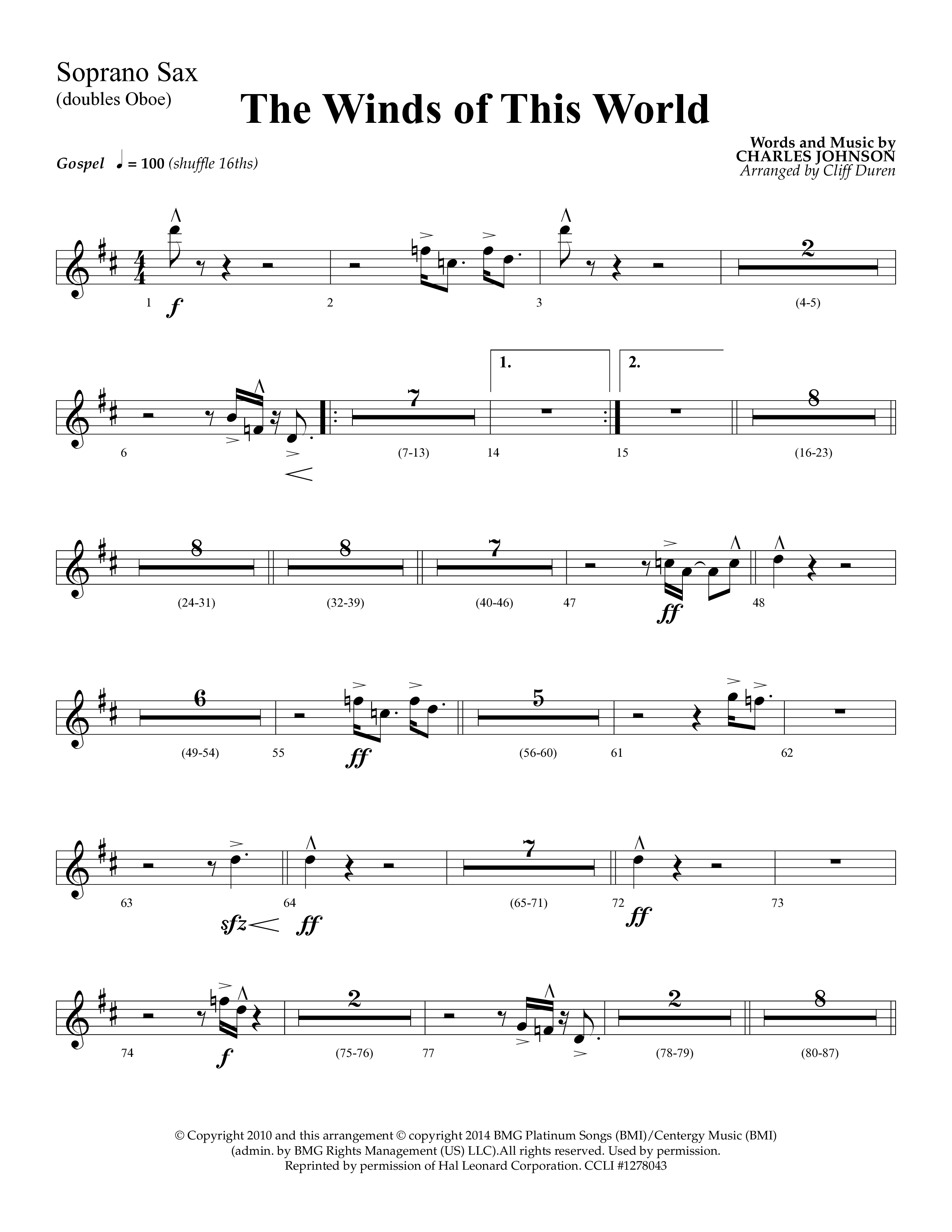 The Winds Of This World (Choral Anthem SATB) Soprano Sax (Lifeway Choral / Arr. Cliff Duren)