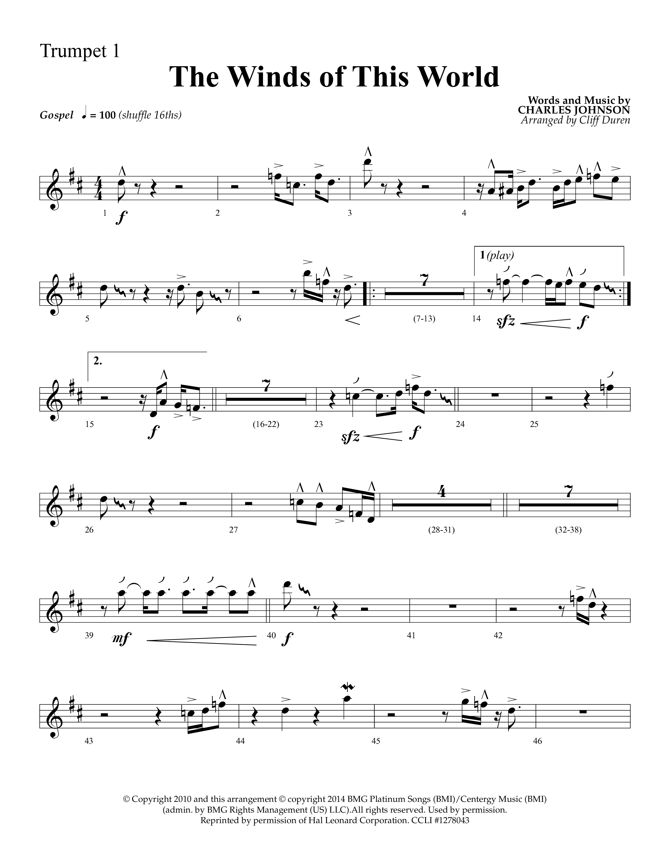 The Winds Of This World (Choral Anthem SATB) Trumpet 1 (Lifeway Choral / Arr. Cliff Duren)