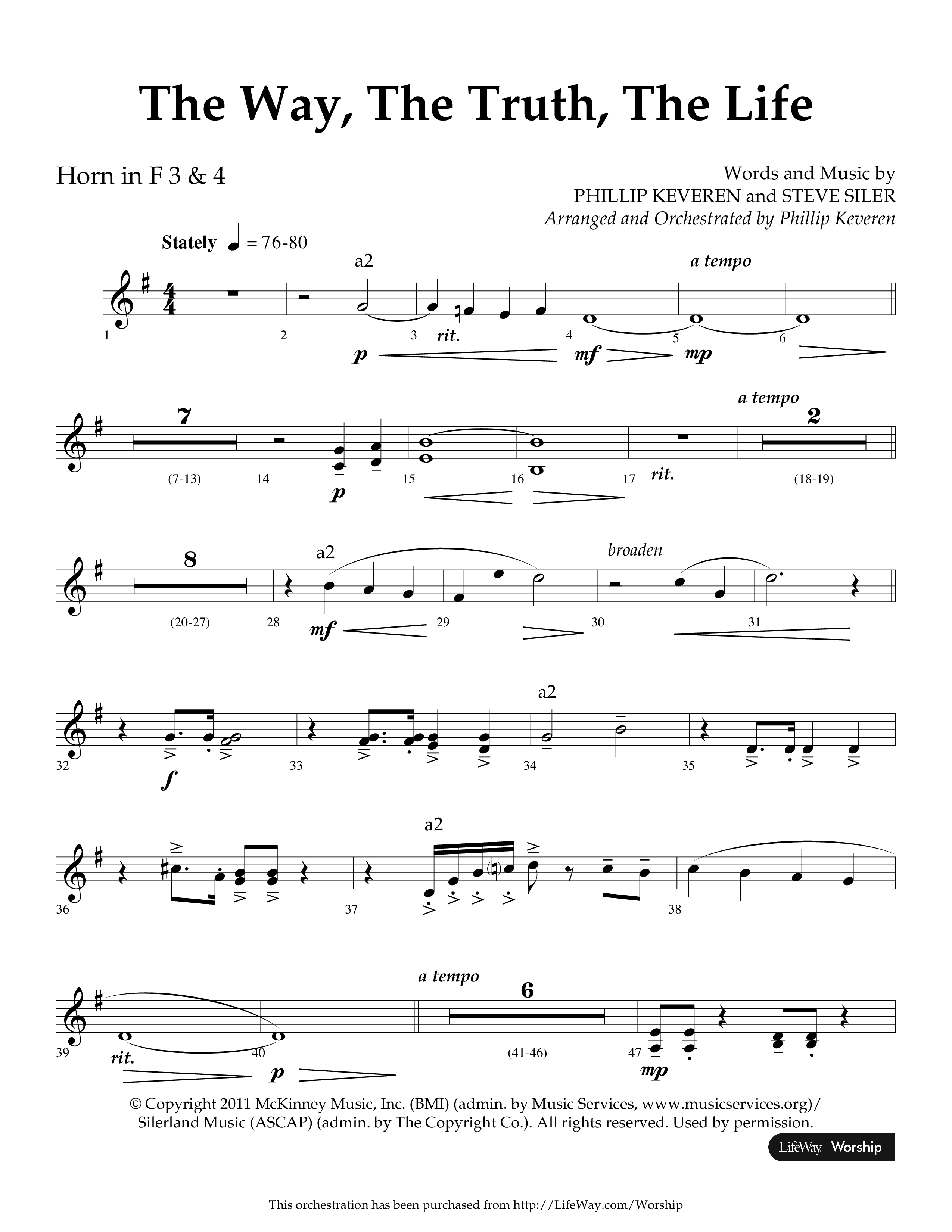 The Way The Truth The Life (Choral Anthem SATB) French Horn 3 (Lifeway Choral / Arr. Phillip Keveren)