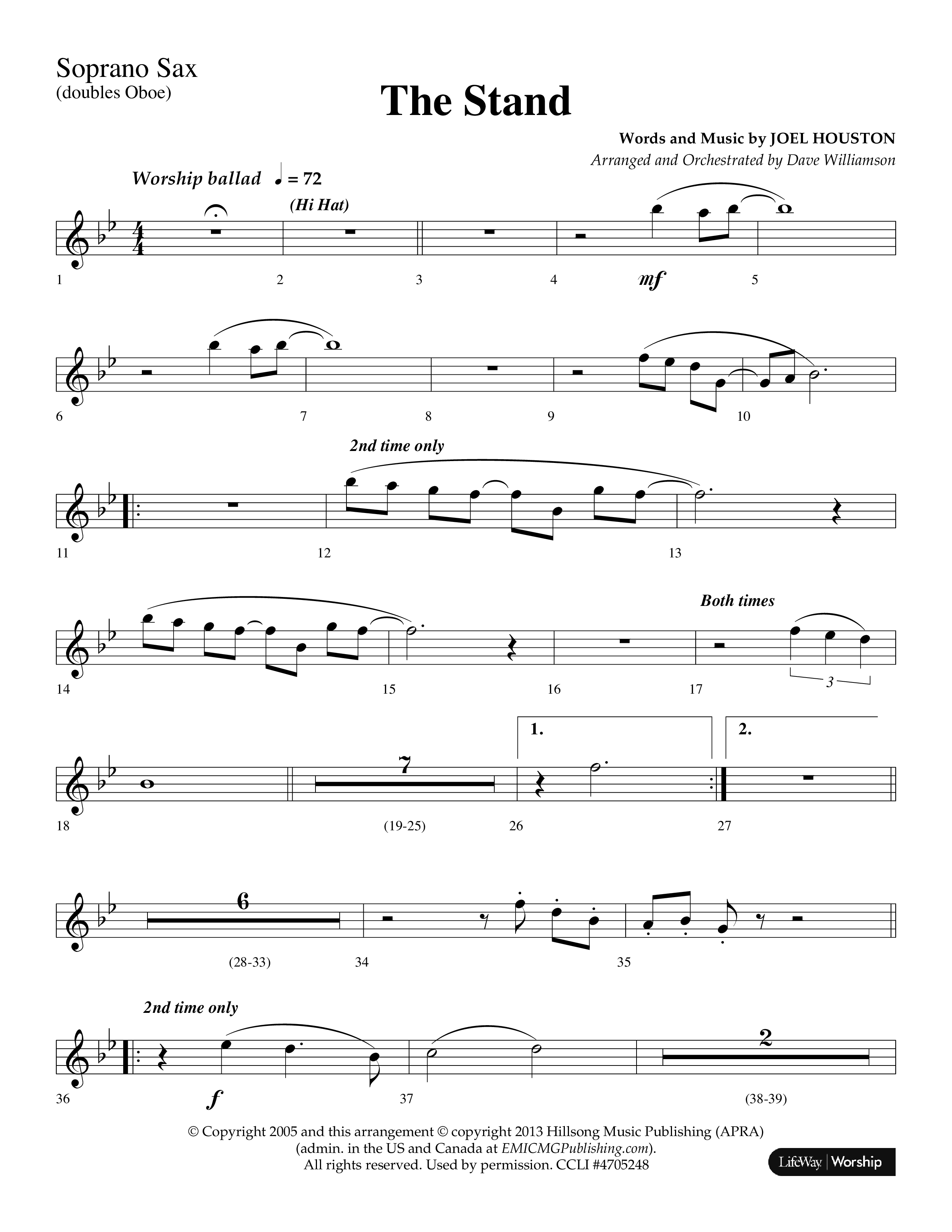 The Stand (Choral Anthem SATB) Soprano Sax (Lifeway Choral / Arr. Dave Williamson)