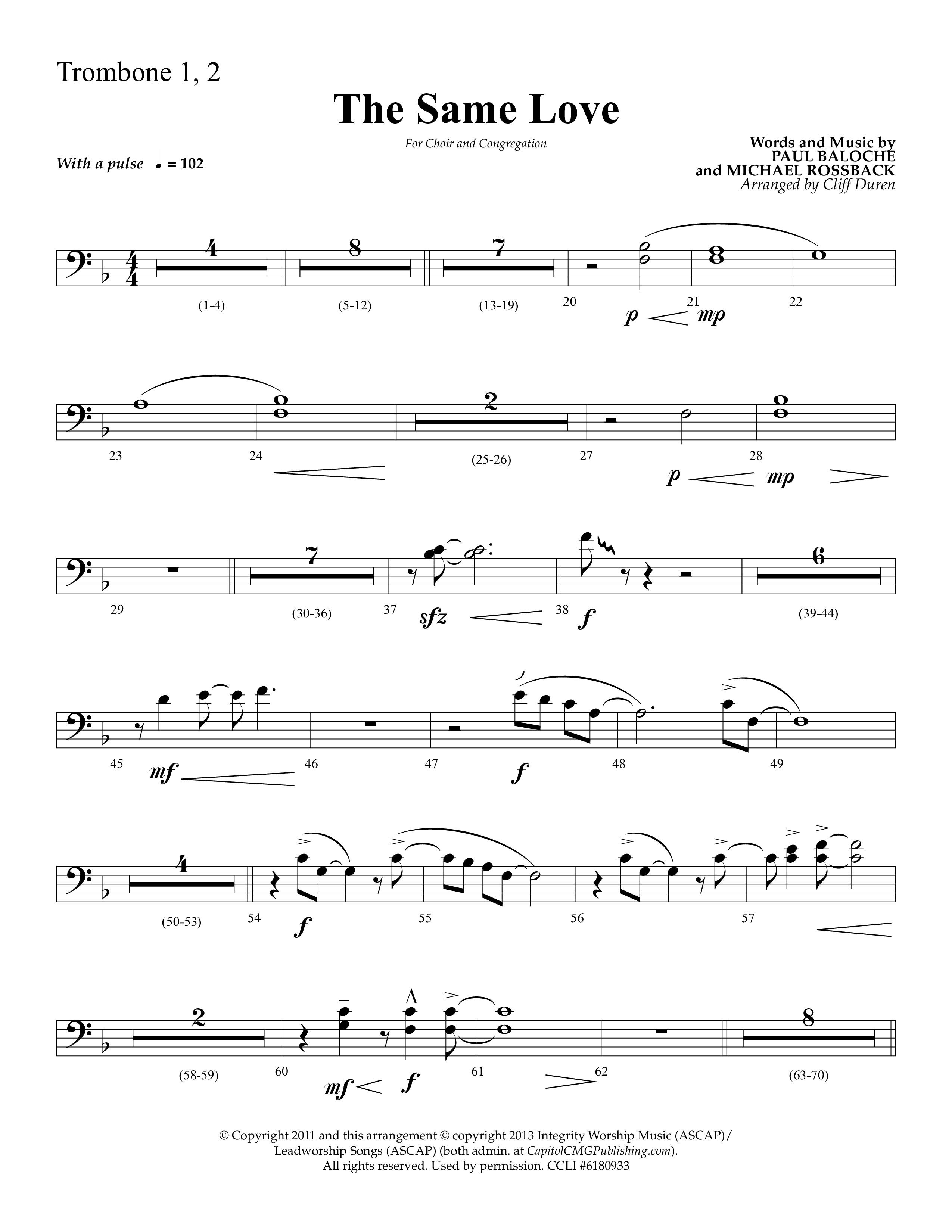 The Same Love (Choral Anthem SATB) Trombone 1/2 (Lifeway Choral / Arr. Cliff Duren)