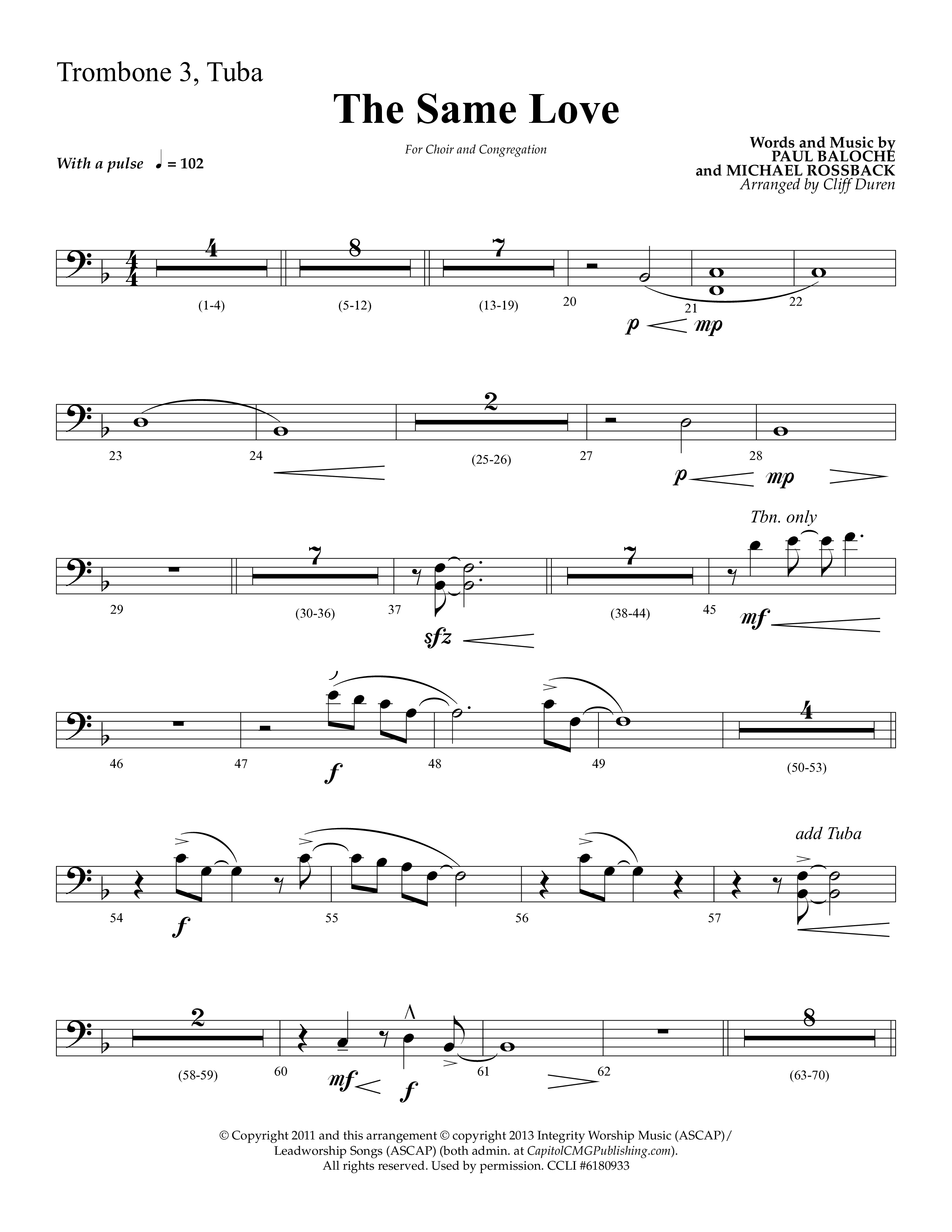 The Same Love (Choral Anthem SATB) Trombone 3/Tuba (Lifeway Choral / Arr. Cliff Duren)