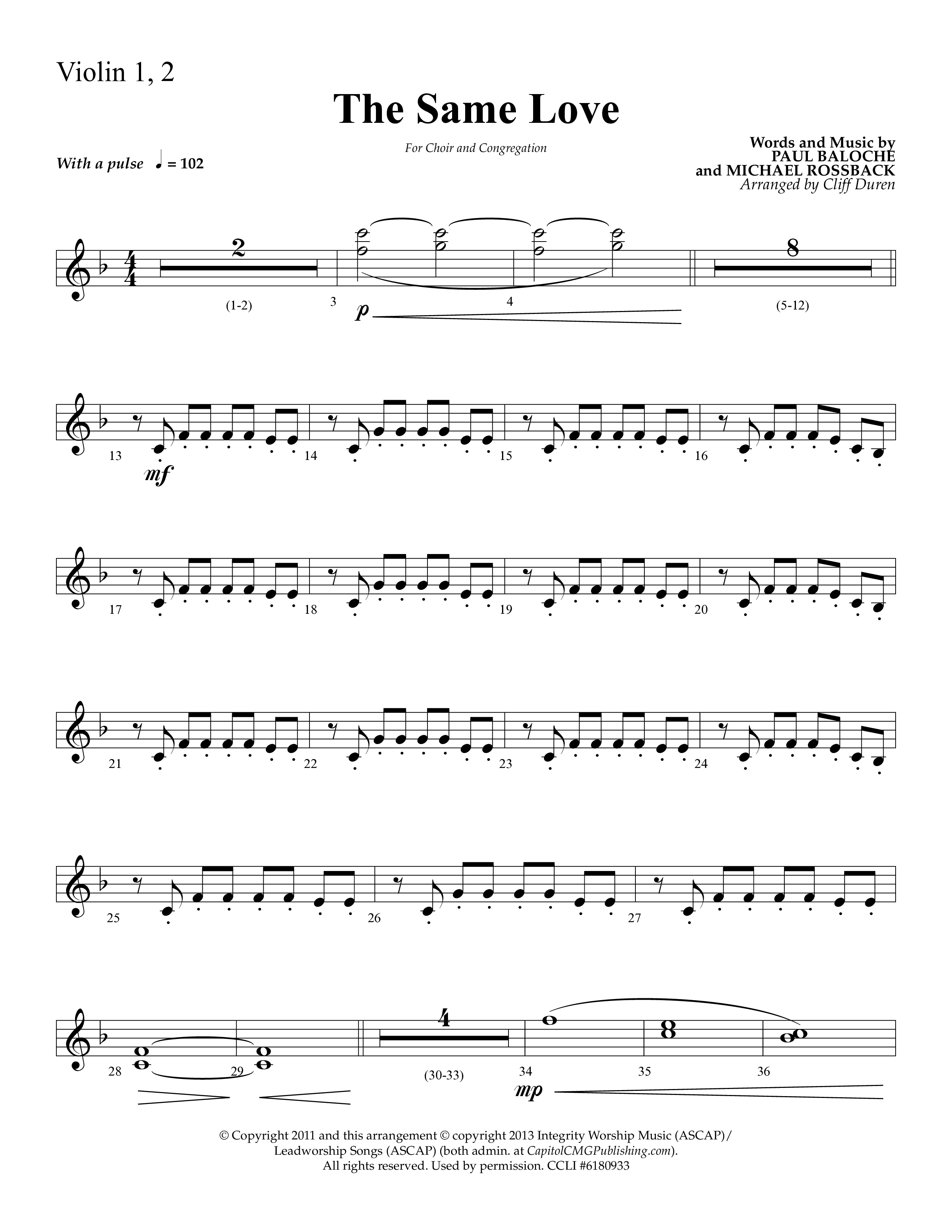 The Same Love (Choral Anthem SATB) Violin 1/2 (Lifeway Choral / Arr. Cliff Duren)