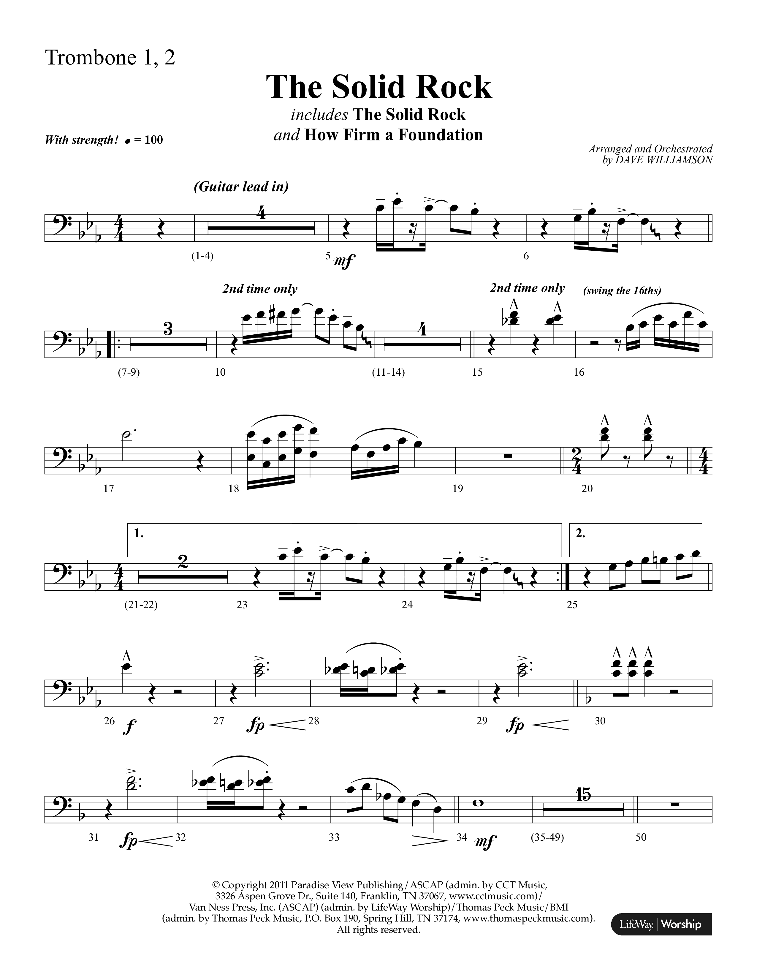 The Solid Rock (with How Firm A Foundation) (Choral Anthem SATB) Trombone 1/2 (Lifeway Choral / Arr. Dave Williamson)