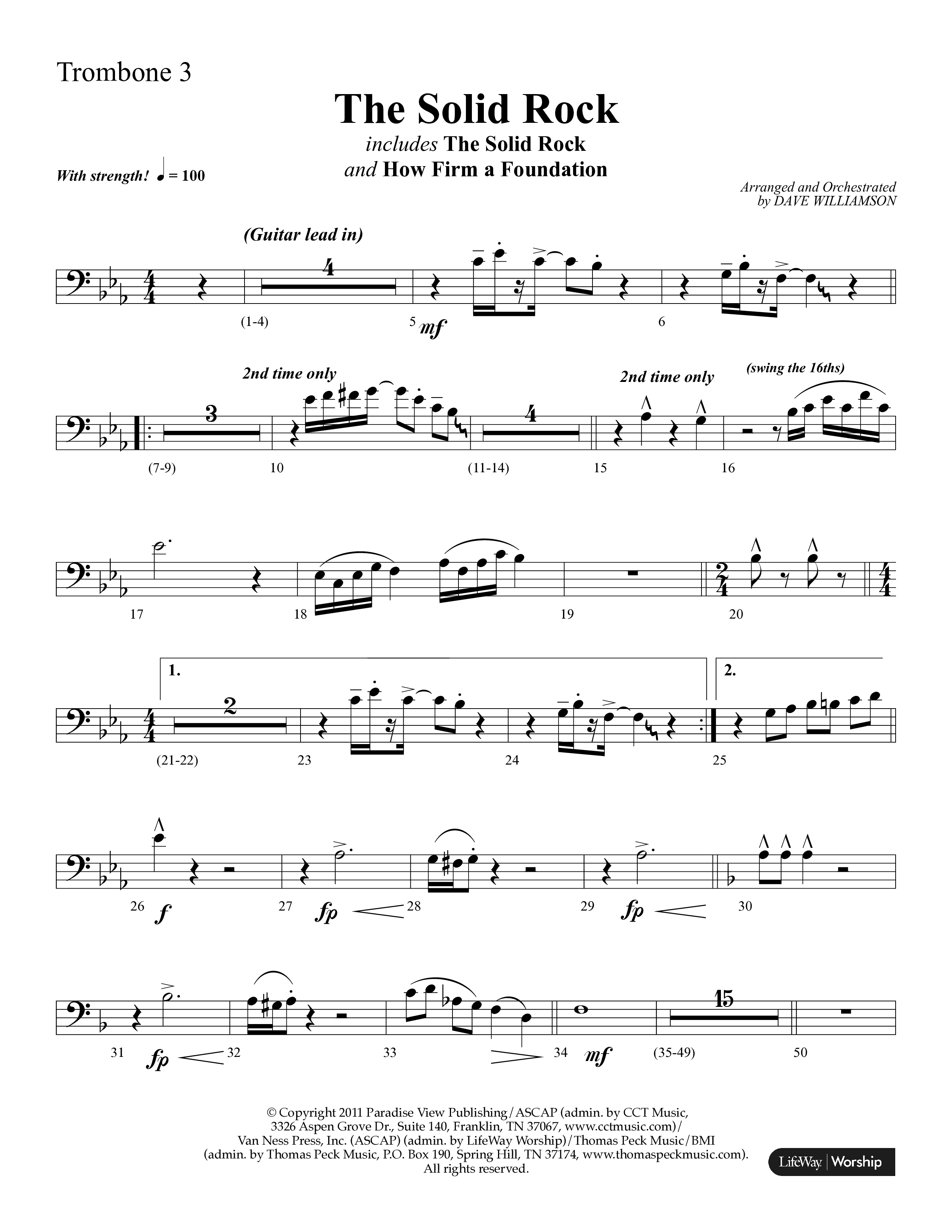 The Solid Rock (with How Firm A Foundation) (Choral Anthem SATB) Trombone 3 (Lifeway Choral / Arr. Dave Williamson)
