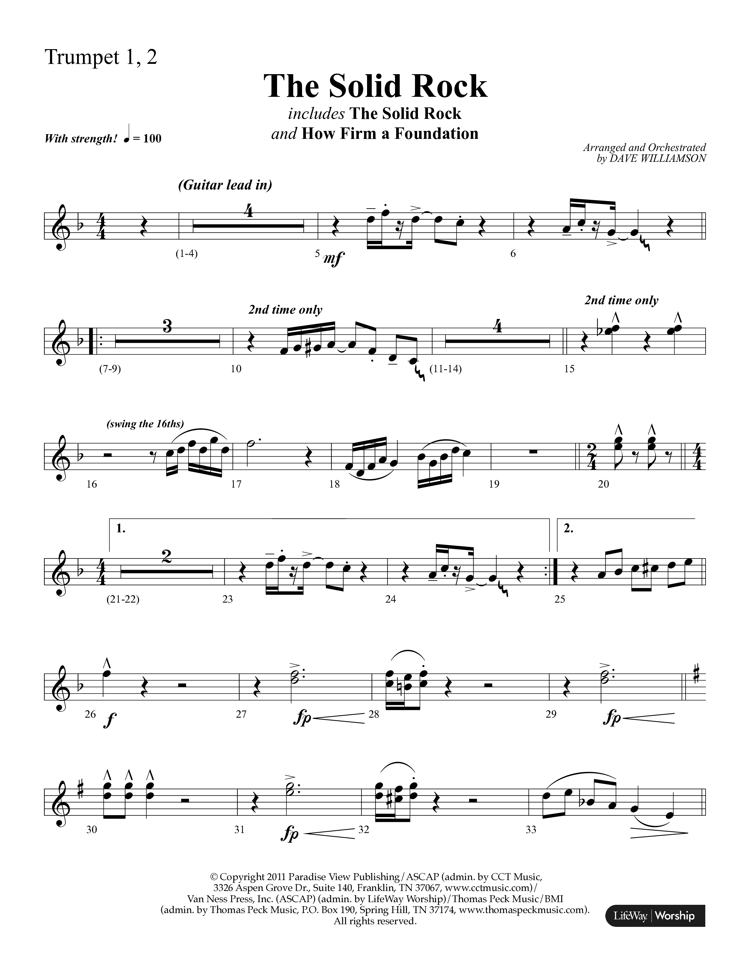The Solid Rock (with How Firm A Foundation) (Choral Anthem SATB) Trumpet 1,2 (Lifeway Choral / Arr. Dave Williamson)