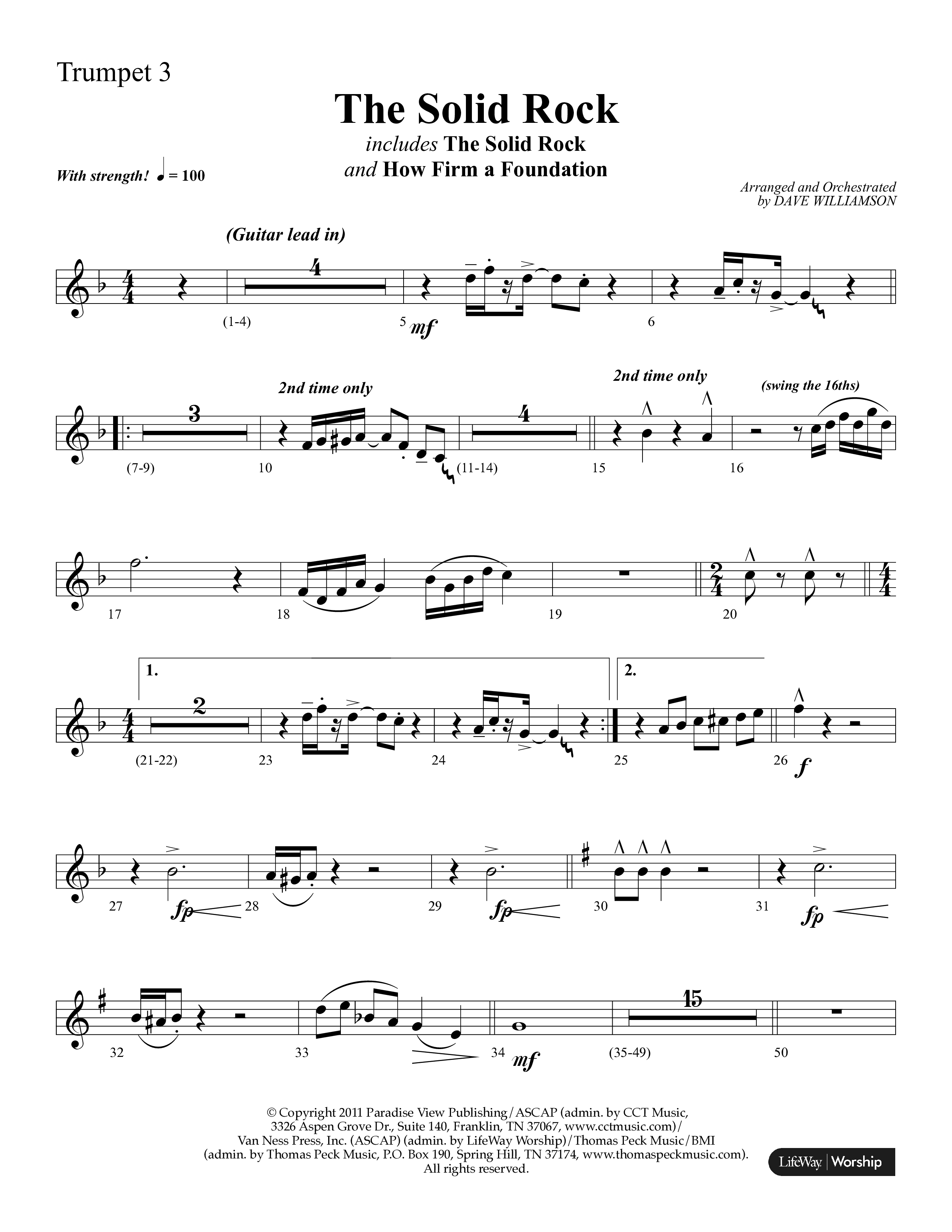 The Solid Rock (with How Firm A Foundation) (Choral Anthem SATB) Trumpet 3 (Lifeway Choral / Arr. Dave Williamson)