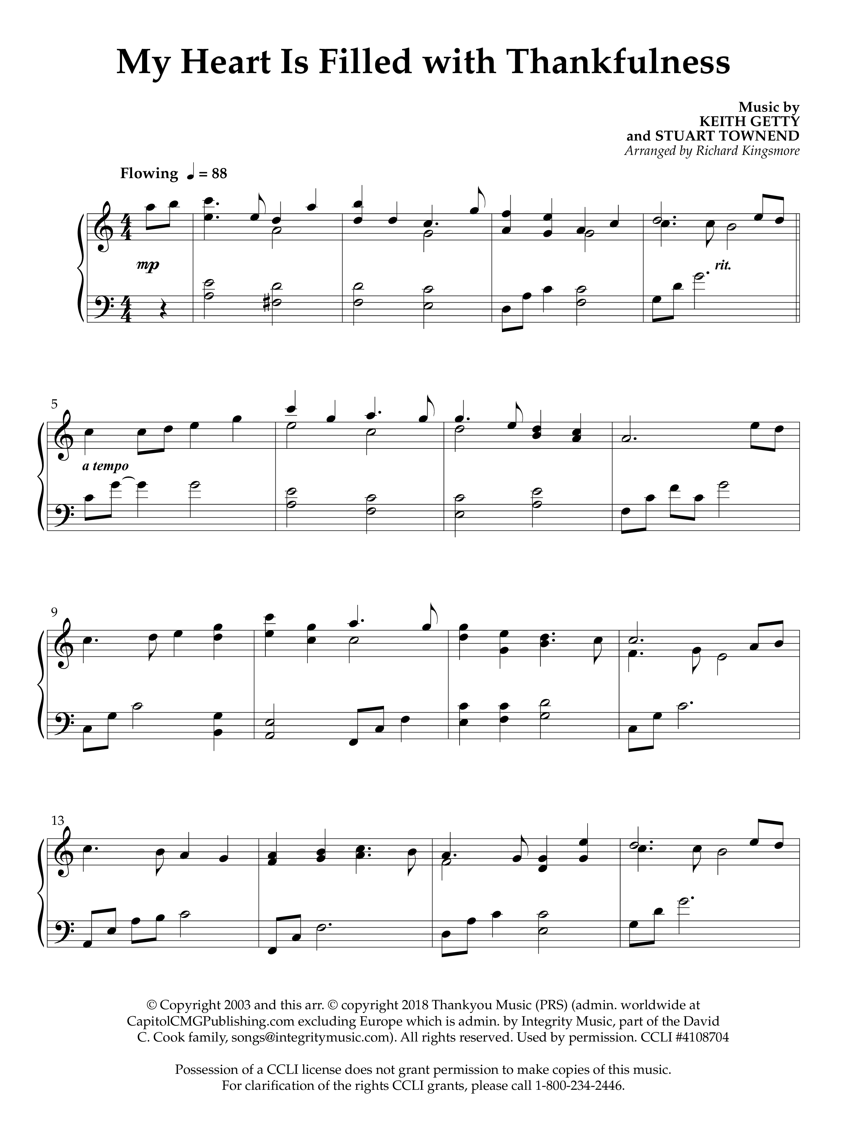 My Heart Is Filled With Thankfulness (Instrumental) Piano Sheet (Lifeway Worship / Arr. Richard Kingsmore)