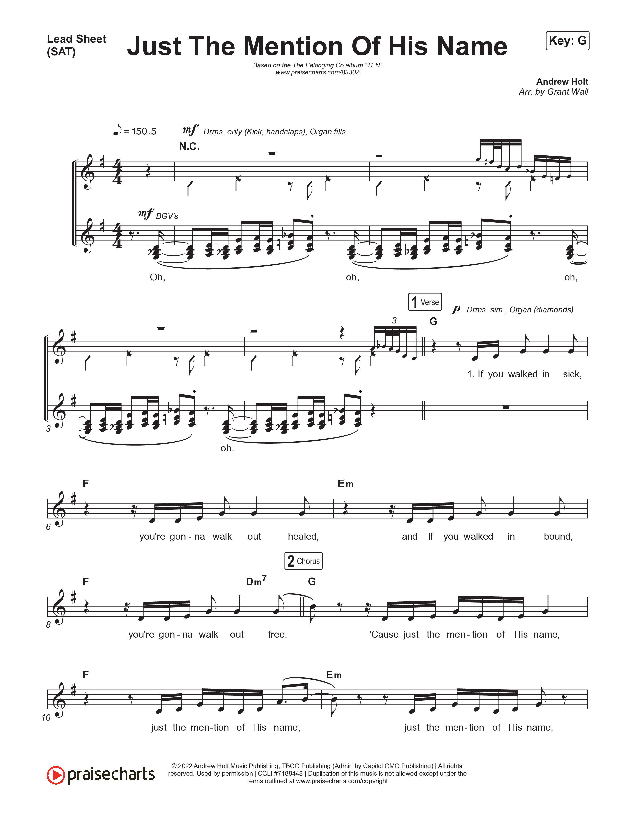 Just The Mention Of His Name Lead Sheet (SAT) (The Belonging Co / Natalie Grant)