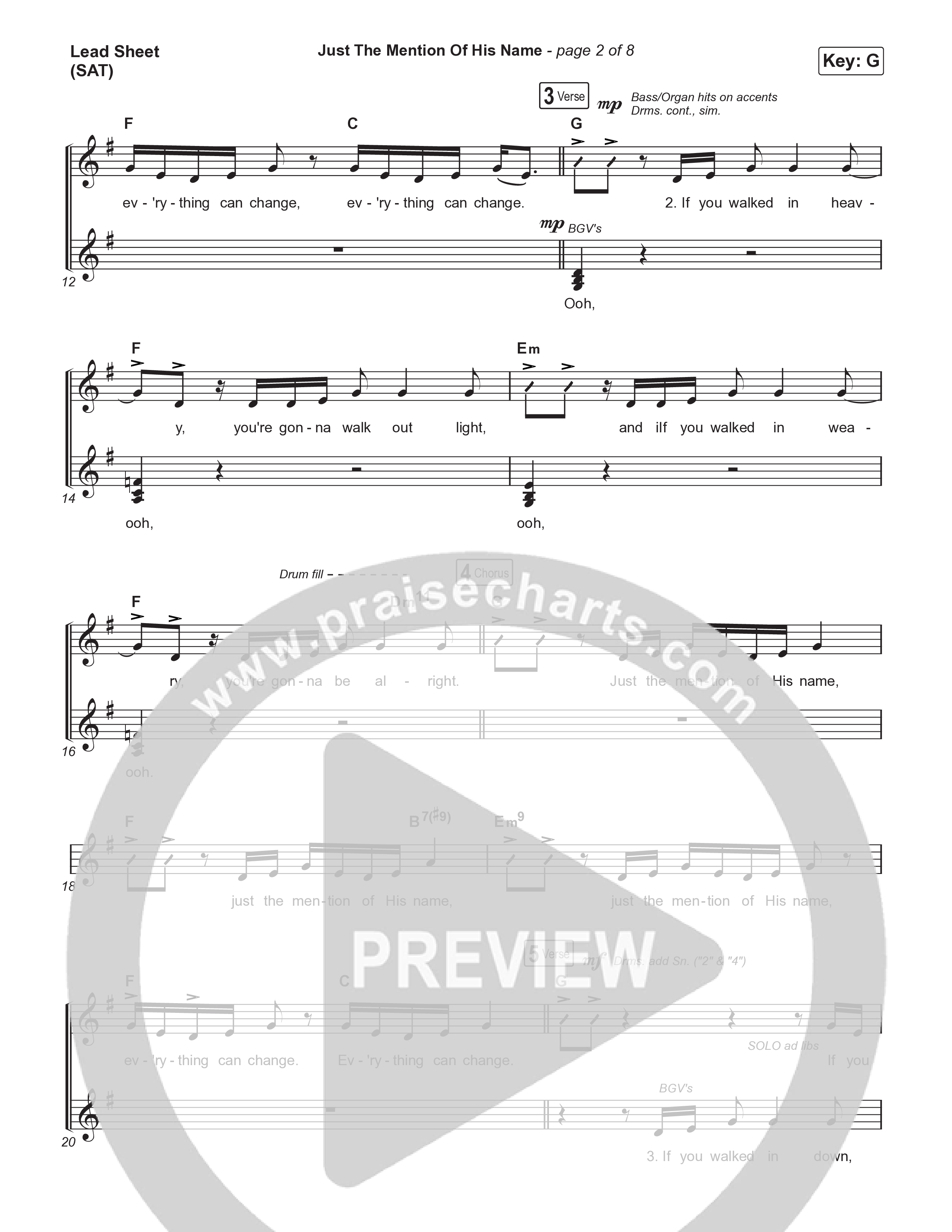 Just The Mention Of His Name Lead Sheet (SAT) (The Belonging Co / Natalie Grant)