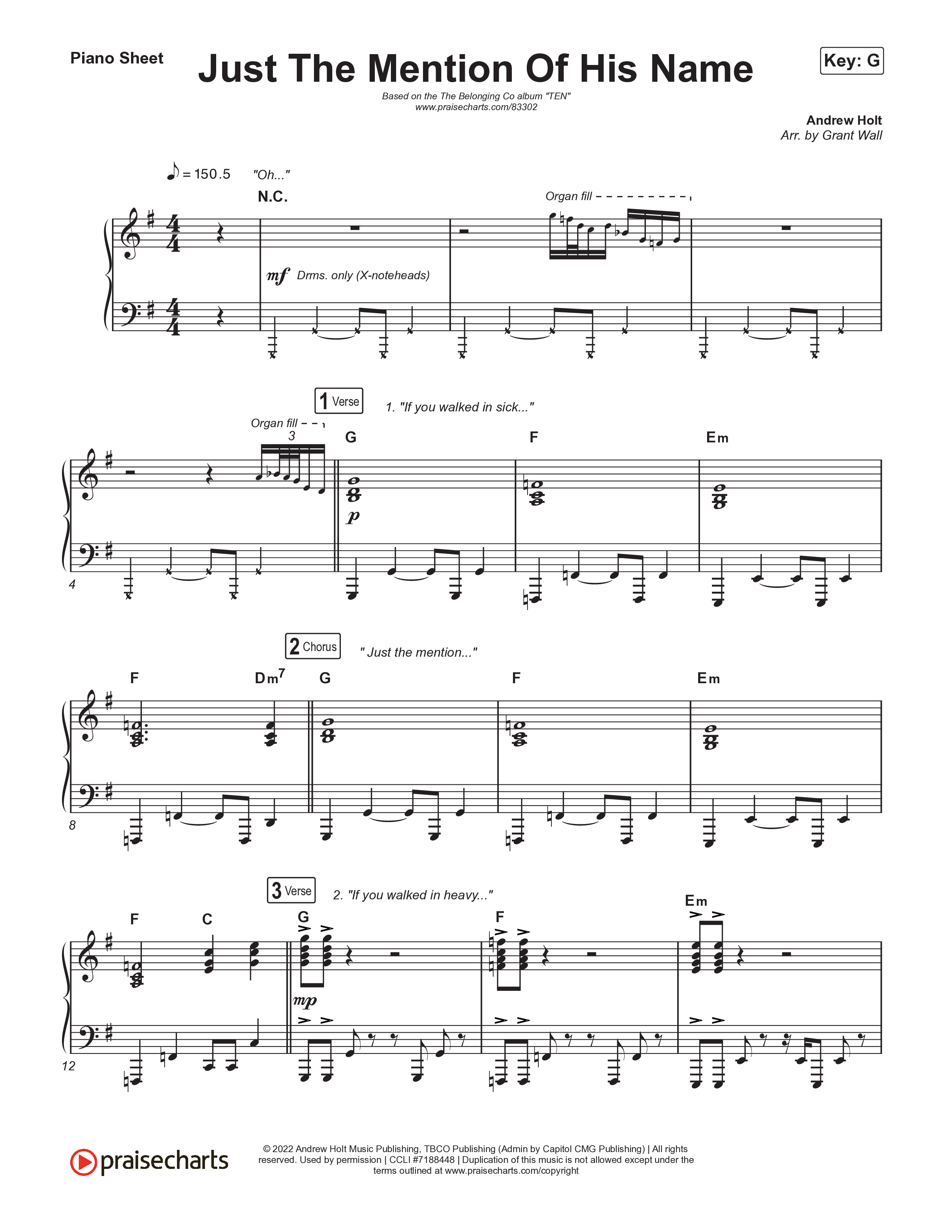 Just The Mention Of His Name Piano Sheet (The Belonging Co / Natalie Grant)