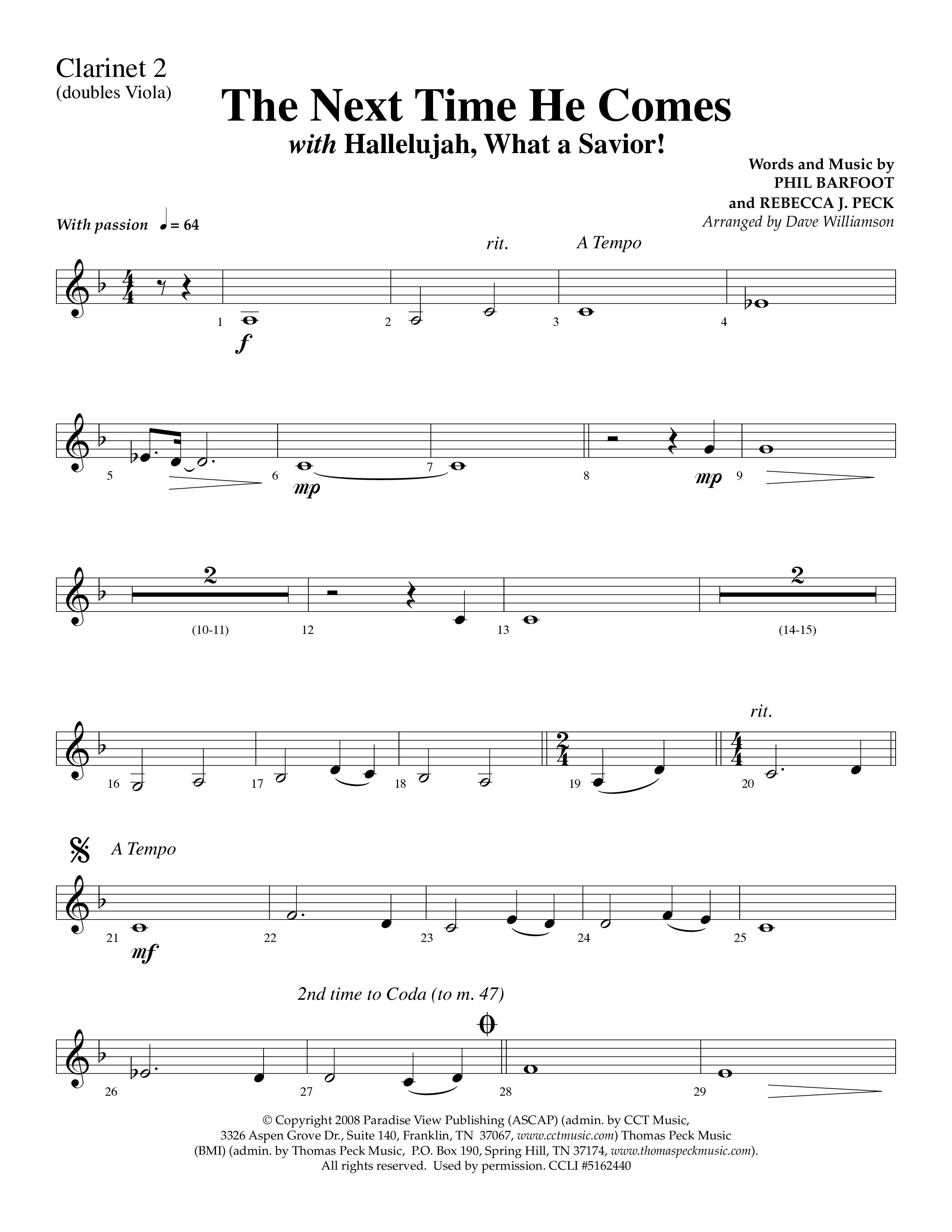 The Next Time He Comes (with Hallelujah What A Savior) (Choral Anthem SATB) Clarinet (Lifeway Choral / Arr. Dave Williamson)