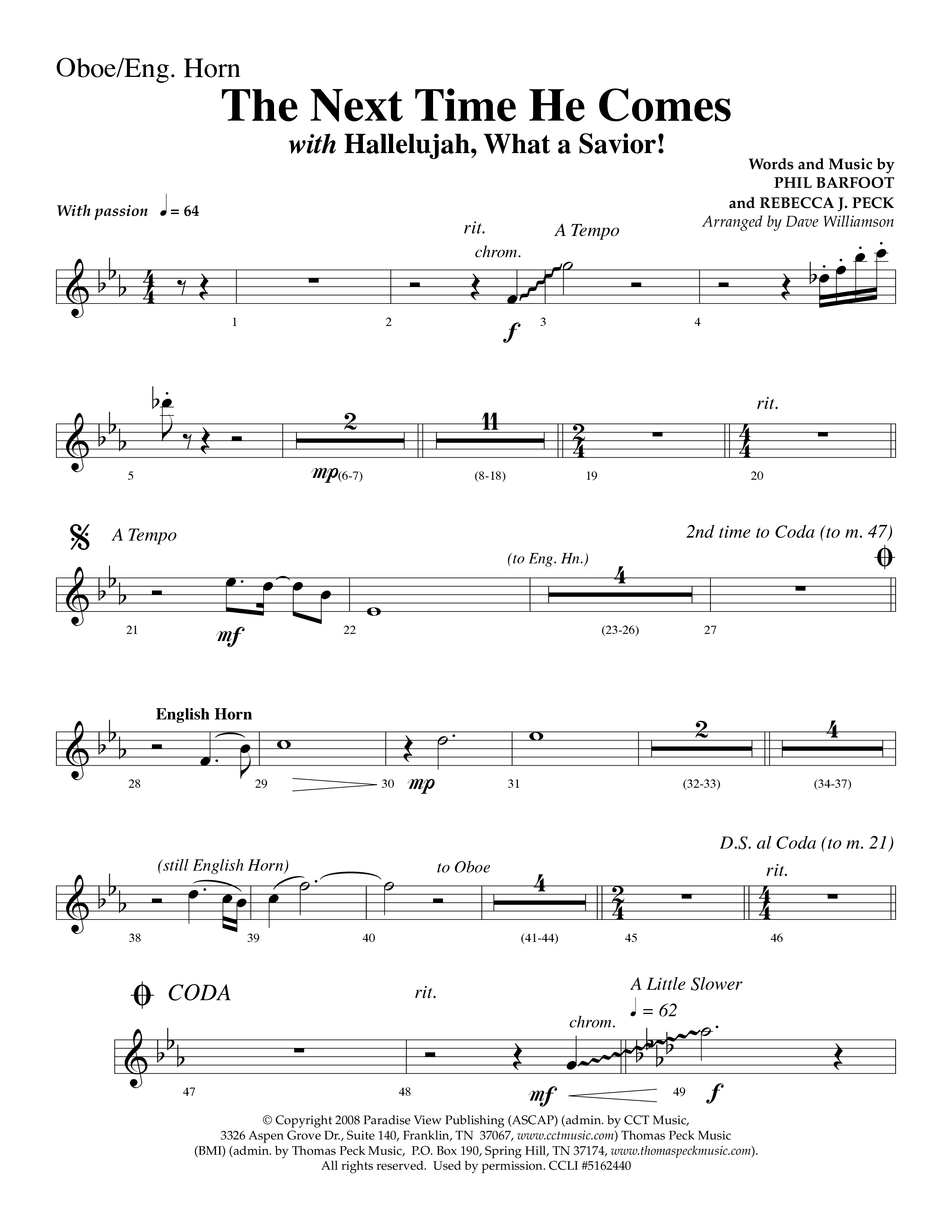 The Next Time He Comes (with Hallelujah What A Savior) (Choral Anthem SATB) Oboe (Lifeway Choral / Arr. Dave Williamson)