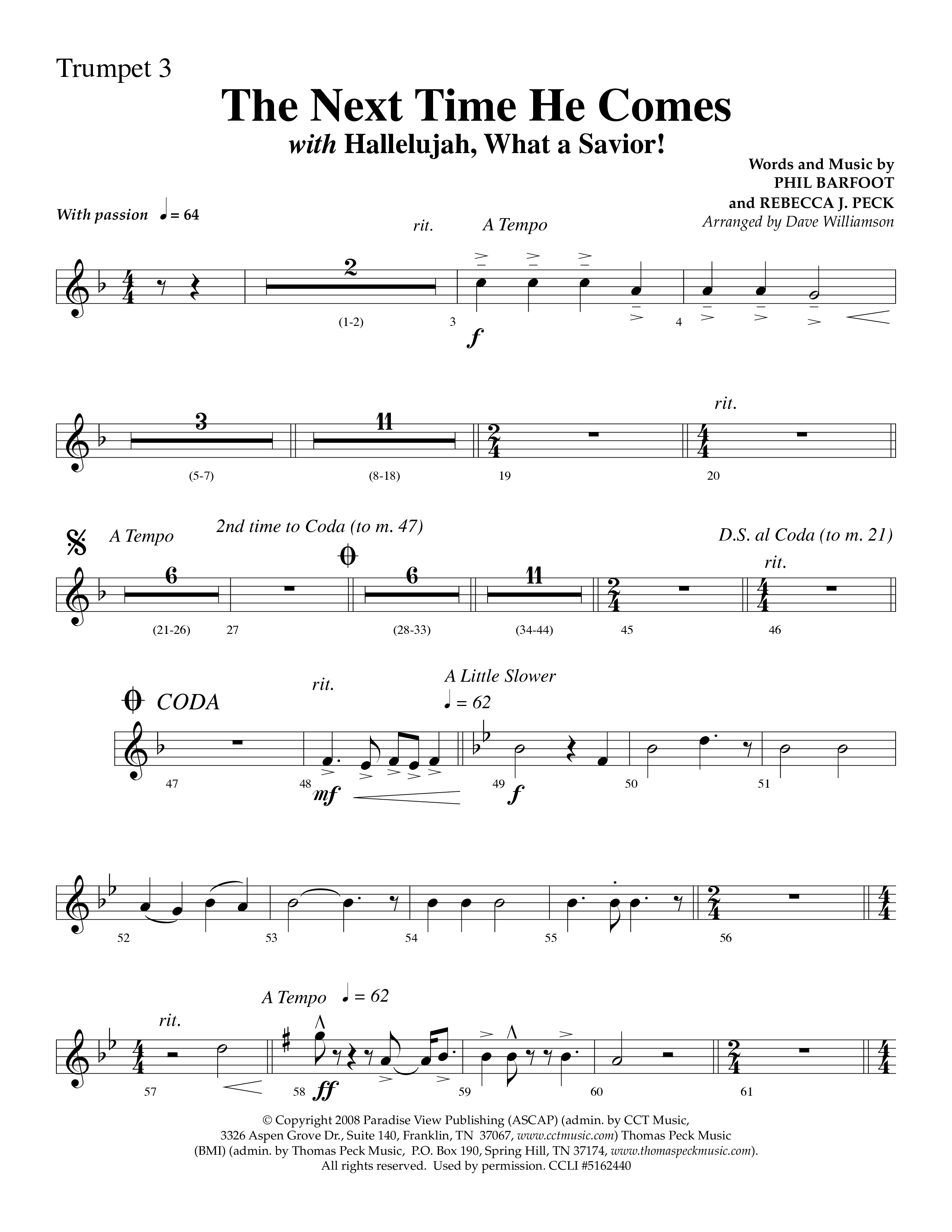 The Next Time He Comes (with Hallelujah What A Savior) (Choral Anthem SATB) Trumpet 3 (Lifeway Choral / Arr. Dave Williamson)